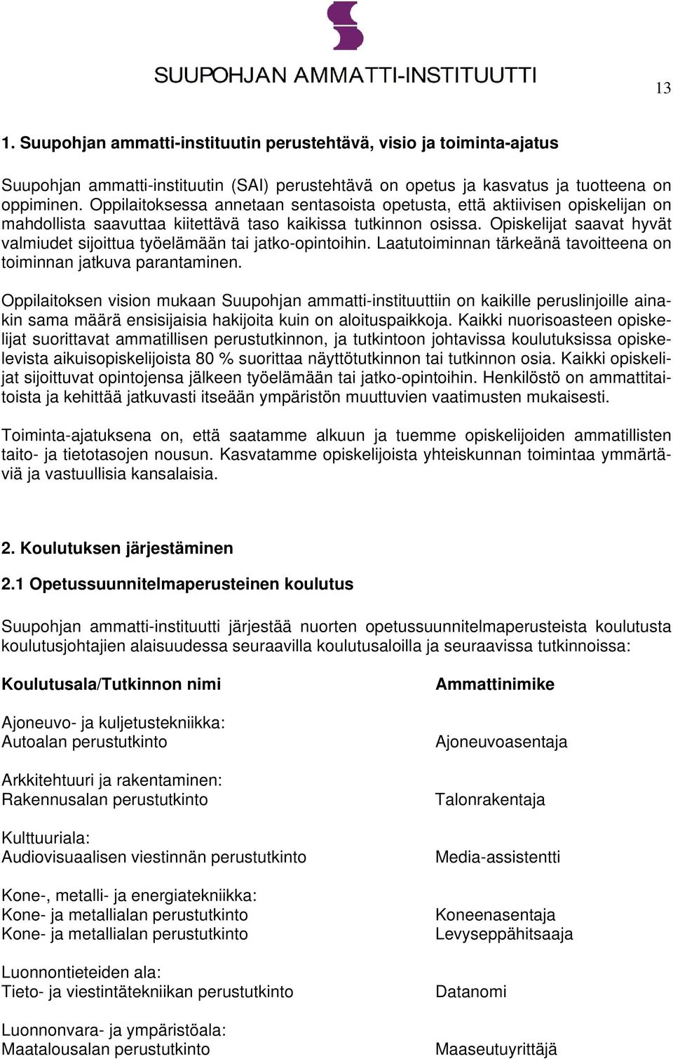 Opiskelijat saavat hyvät valmiudet sijoittua työelämään tai jatko-opintoihin. Laatutoiminnan tärkeänä tavoitteena on toiminnan jatkuva parantaminen.