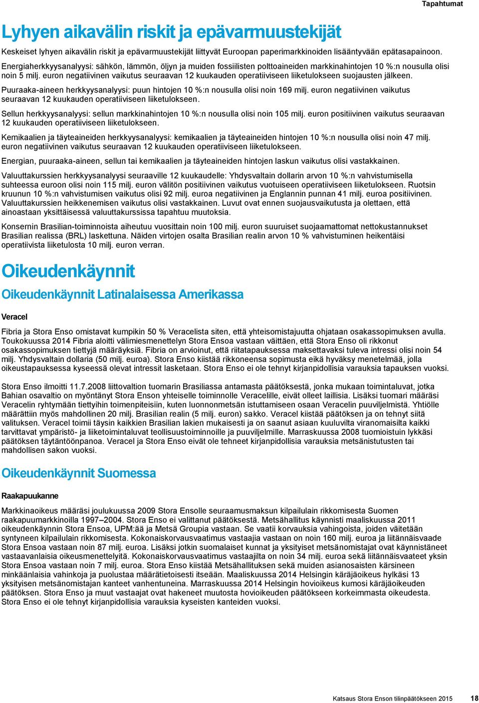 euron negatiivinen vaikutus seuraavan 12 kuukauden operatiiviseen liiketulokseen suojausten jälkeen. Puuraaka-aineen herkkyysanalyysi: puun hintojen 10 %:n nousulla olisi noin 169 milj.