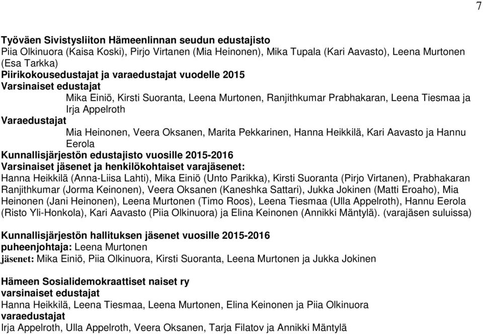 Marita Pekkarinen, Hanna Heikkilä, Kari Aavasto ja Hannu Eerola Kunnallisjärjestön edustajisto vuosille 2015-2016 Varsinaiset jäsenet ja henkilökohtaiset varajäsenet: Hanna Heikkilä (Anna-Liisa