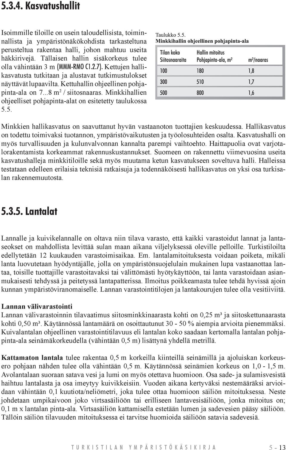 Kettuhallin ohjeellinen pohjapinta-ala on 7...8 m 2 / siitosnaaras. Minkkihallien ohjeelliset pohjapinta-alat on esitetetty taulukossa 5.