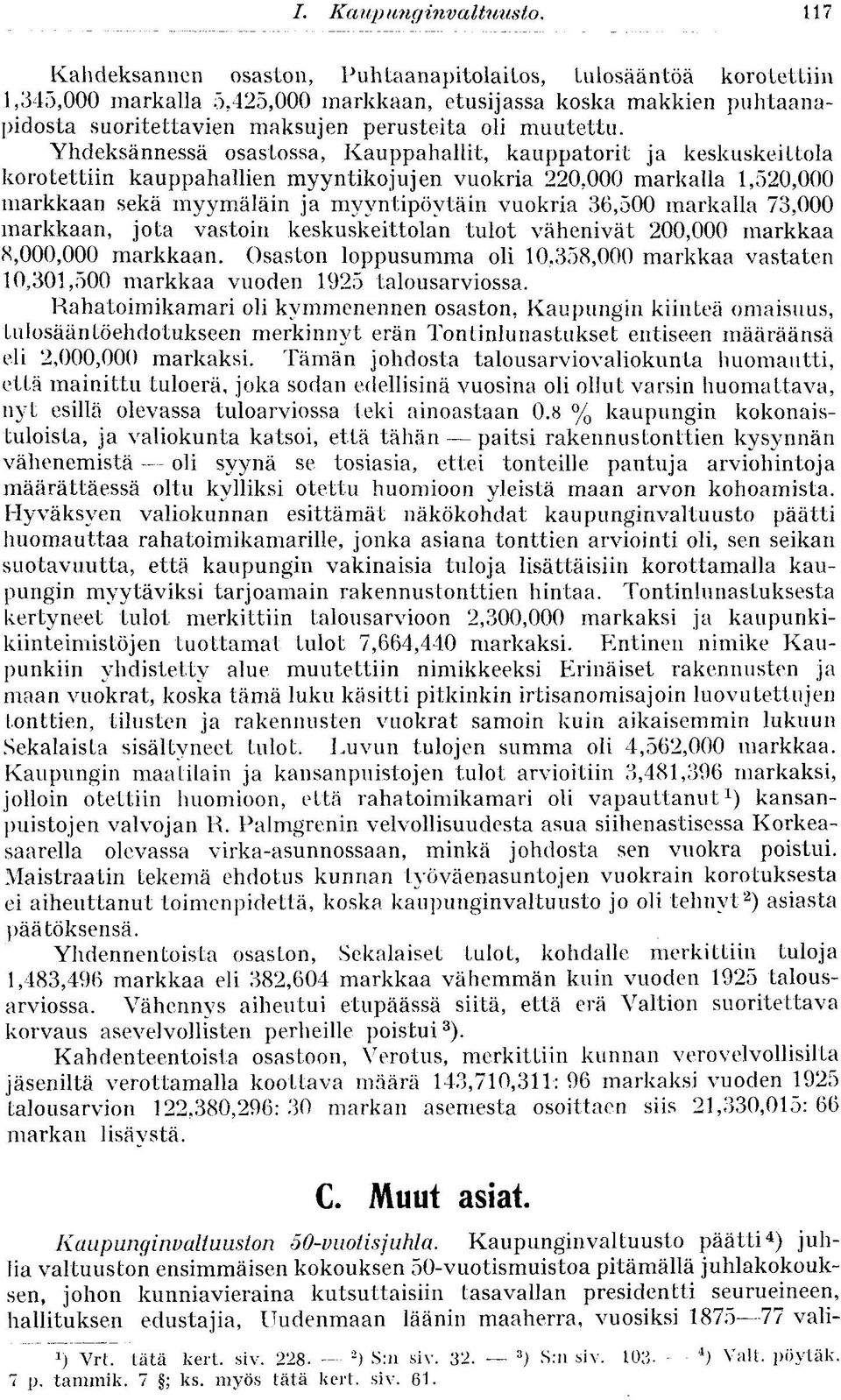 Yhdeksännessä osastossa, Kauppahallit, kauppatorit ja keskuskeittola korotettiin kauppahallien myyntikojujen vuokria 220,000 markalla 1,520,000 markkaan sekä myymäläin ja myyntipöytäin vuokria 36,500