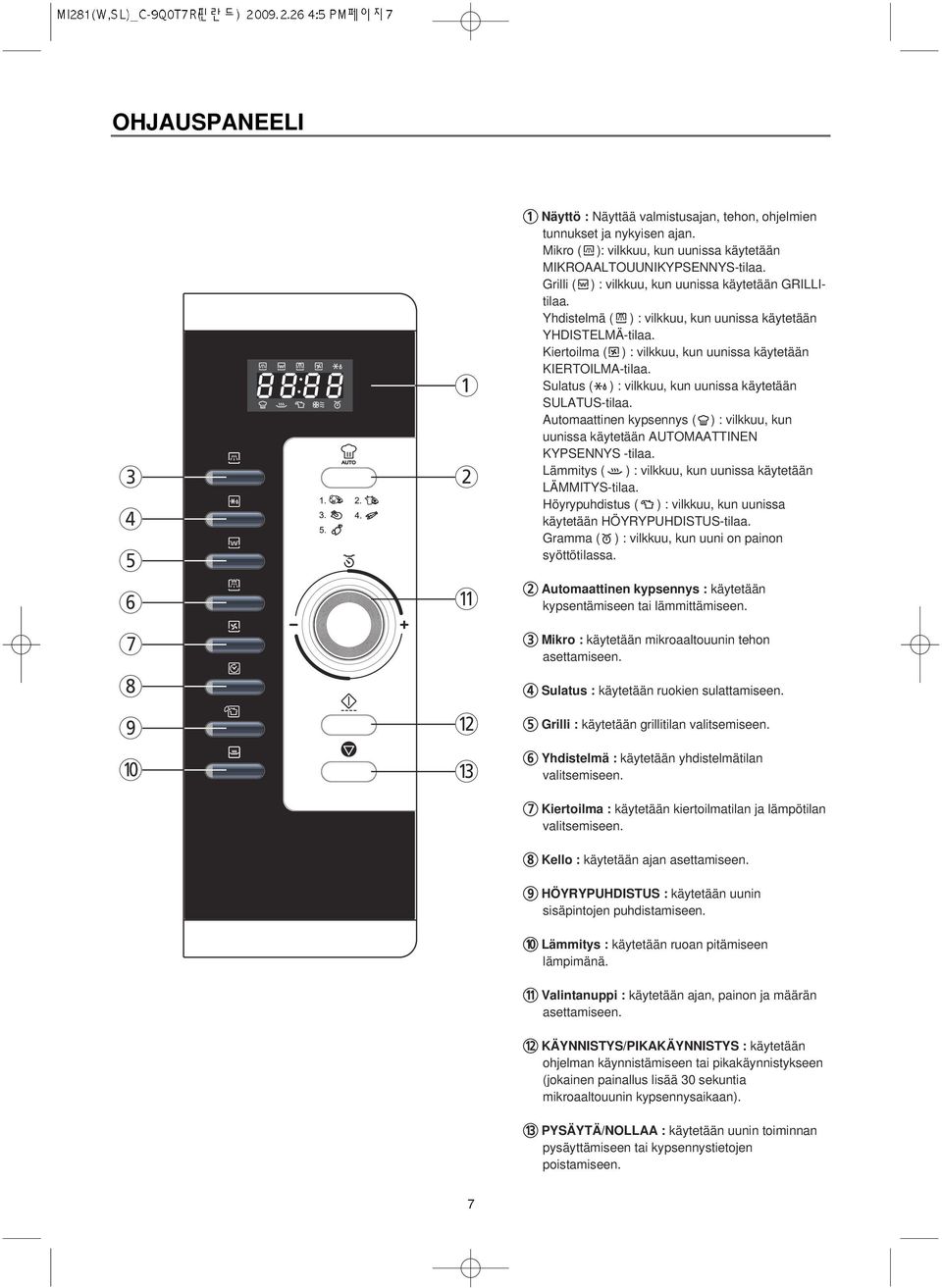 Sulatus ( ) : vilkkuu, kun uunissa käytetään SULATUS-tilaa. Automaattinen kypsennys ( ) : vilkkuu, kun uunissa käytetään AUTOMAATTINEN KYPSENNYS -tilaa.