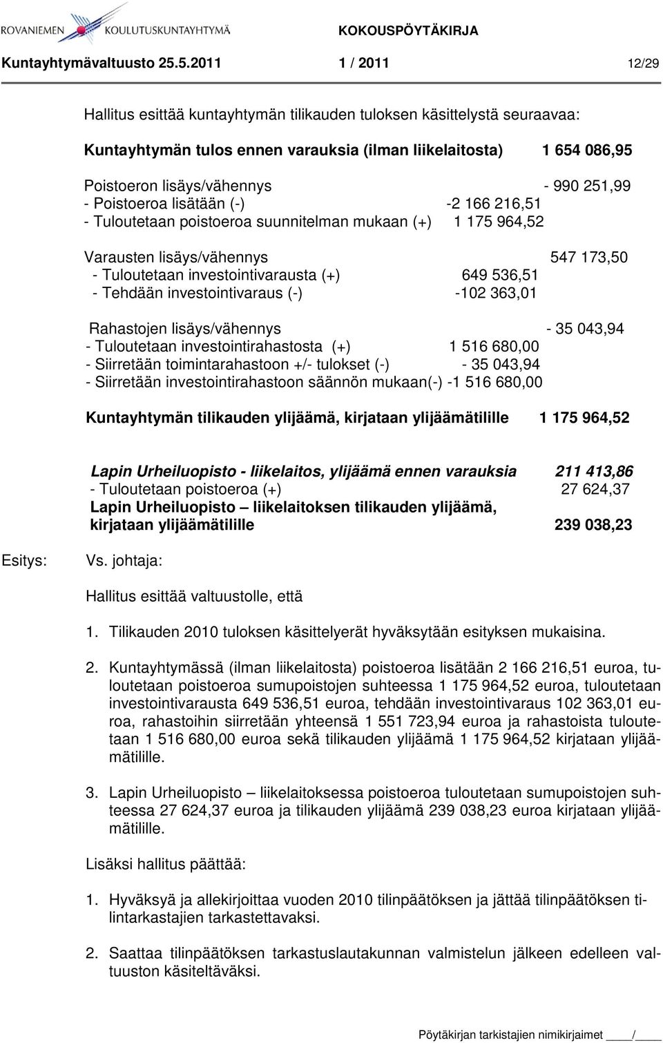 251,99 - Poistoeroa lisätään (-) -2 166 216,51 - Tuloutetaan poistoeroa suunnitelman mukaan (+) 1 175 964,52 Varausten lisäys/vähennys 547 173,50 - Tuloutetaan investointivarausta (+) 649 536,51 -