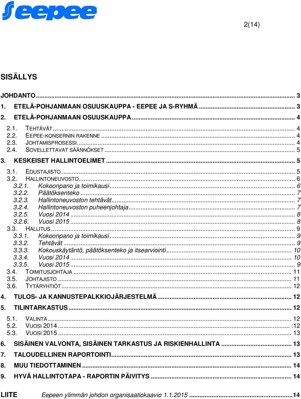 .. 7 3.2.4. Hallintoneuvoston puheenjohtaja... 7 3.2.5. Vuosi 2014... 8 3.2.6. Vuosi 2015... 8 3.3. HALLITUS... 9 3.3.1. Kokoonpano ja toimikausi... 9 3.3.2. Tehtävät... 9 3.3.3. Kokouskäytäntö, päätöksenteko ja itsearviointi.