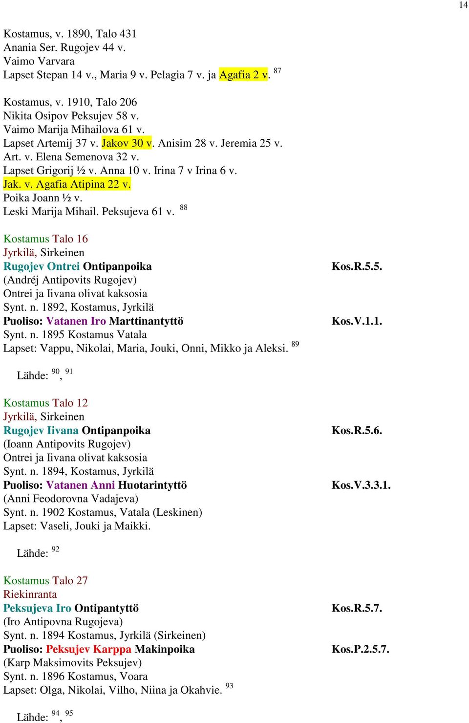 Poika Joann ½ v. Leski Marija Mihail. Peksujeva 61 v. 88 Talo 16 Jyrkilä, Sirkeinen Rugojev Ontrei Ontipanpoika (Andréj Antipovits Rugojev) Ontrei ja Iivana olivat kaksosia Synt. n.