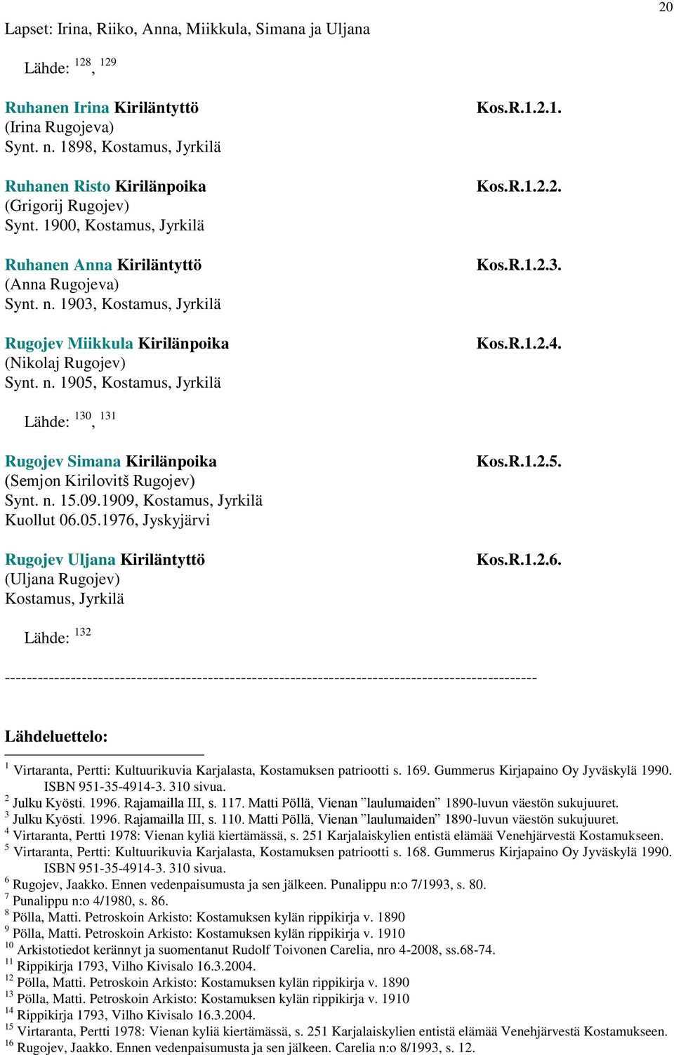 Lähde: 130, 131 Rugojev Simana Kirilänpoika (Semjon Kirilovitš Rugojev) Synt. n. 15.09.1909,, Jyrkilä Kuollut 06.