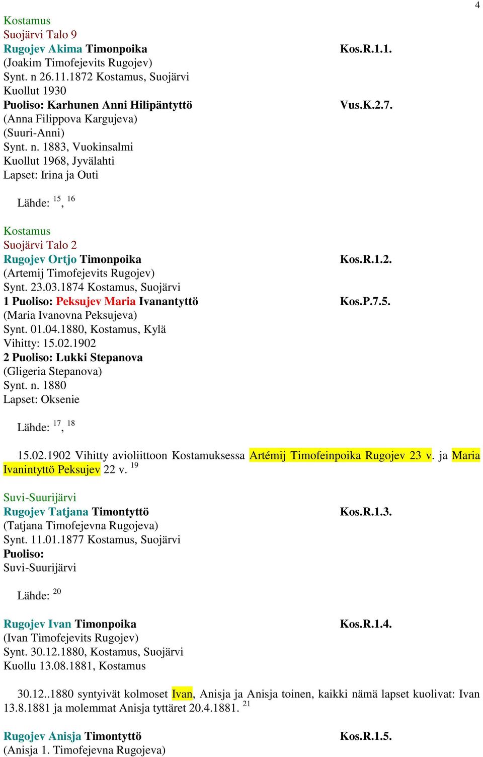 (Maria Ivanovna Peksujeva) Synt. 01.04.1880,, Kylä Vihitty: 15.02.1902 2 Puoliso: Lukki Stepanova (Gligeria Stepanova) Synt. n. 1880 Lapset: Oksenie Lähde: 17, 18 15.02.1902 Vihitty avioliittoon Kostamuksessa Artémij Timofeinpoika Rugojev 23 v.