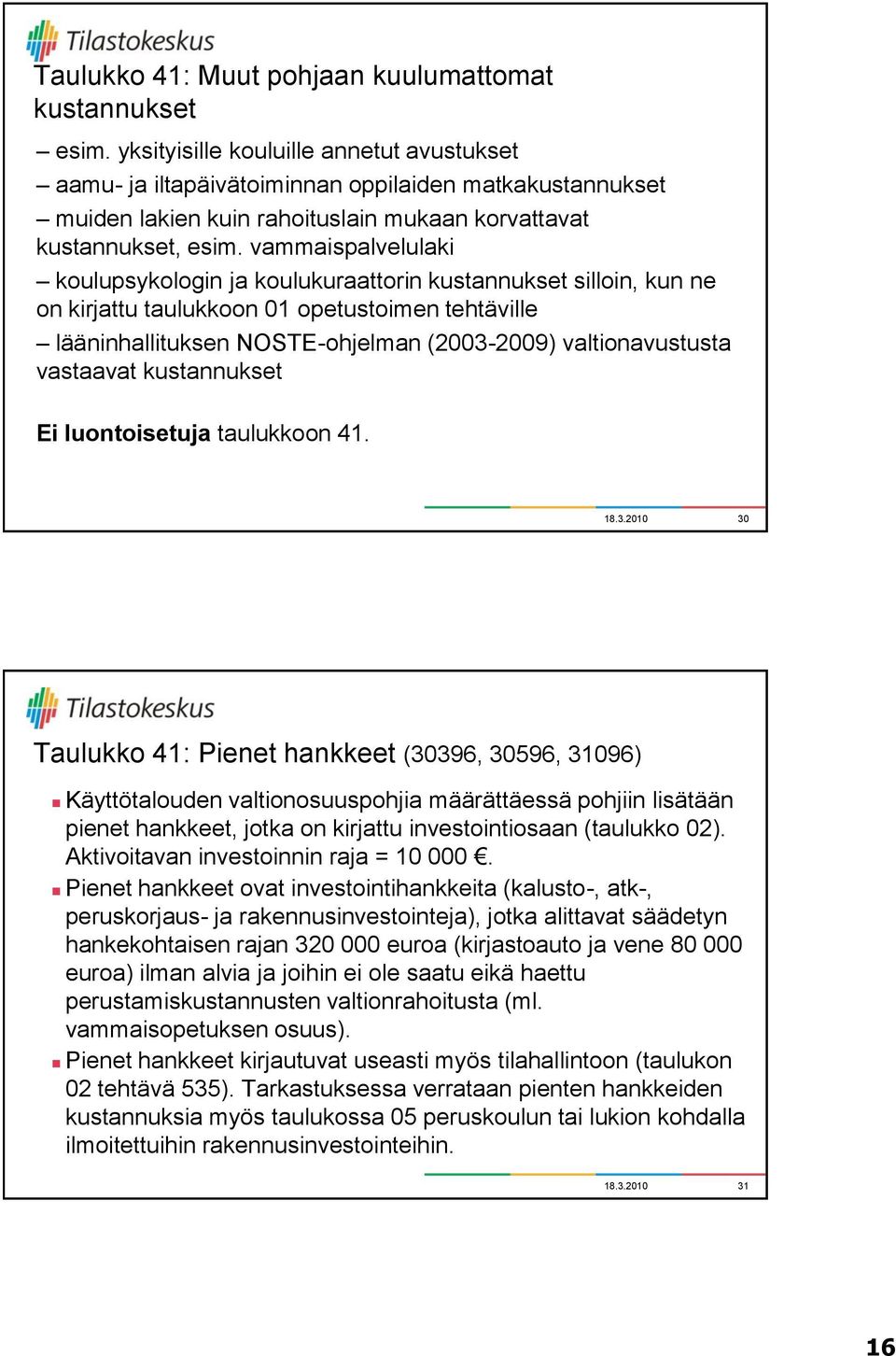 vammaispalvelulaki koulupsykologin ja koulukuraattorin kustannukset silloin, kun ne on kirjattu taulukkoon 01 opetustoimen tehtäville lääninhallituksen NOSTE-ohjelman (2003-2009) valtionavustusta