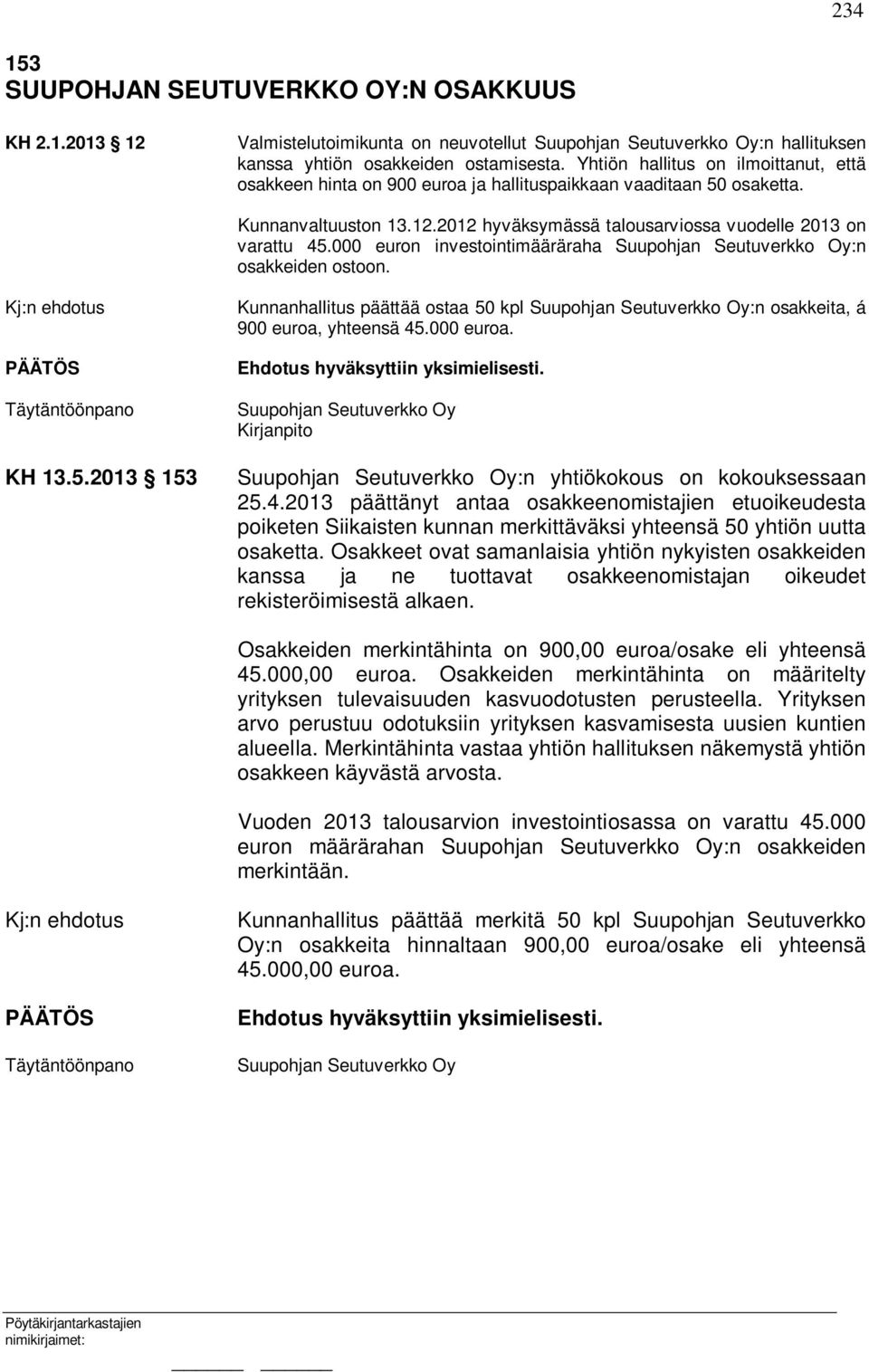 000 euron investointimääräraha Suupohjan Seutuverkko Oy:n osakkeiden ostoon. KH 13.5.2013 153 Kunnanhallitus päättää ostaa 50 kpl Suupohjan Seutuverkko Oy:n osakkeita, á 900 euroa, yhteensä 45.