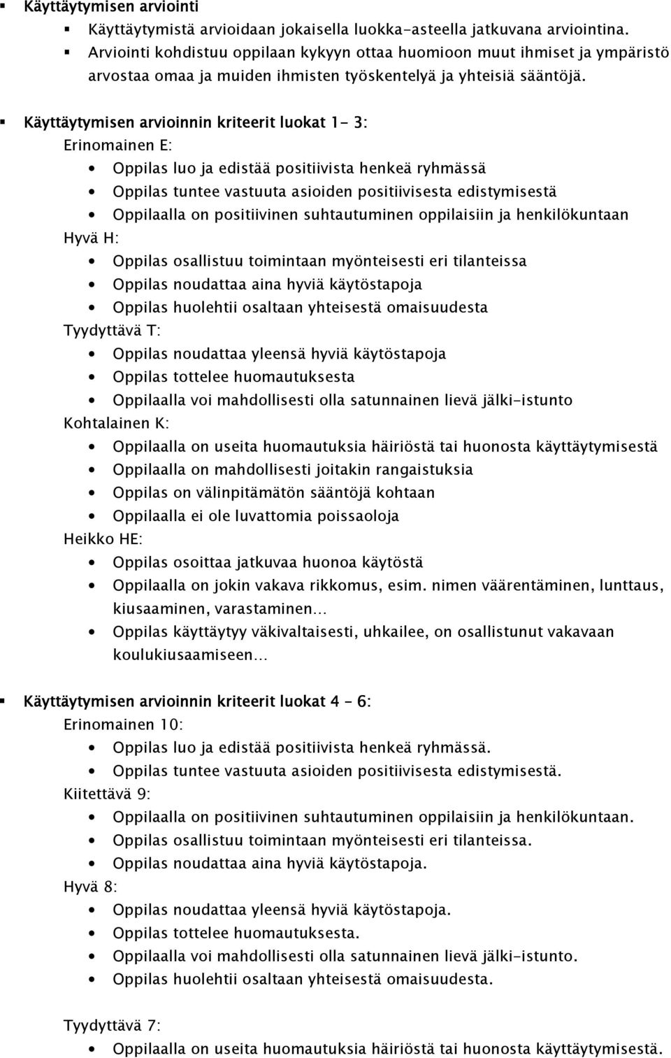 Käyttäytymisen arvioinnin kriteerit luokat 1-1 3: Erinomainen E: Oppilas luo ja edistää positiivista henkeä ryhmässä Oppilas tuntee vastuuta asioiden positiivisesta edistymisestä Oppilaalla on