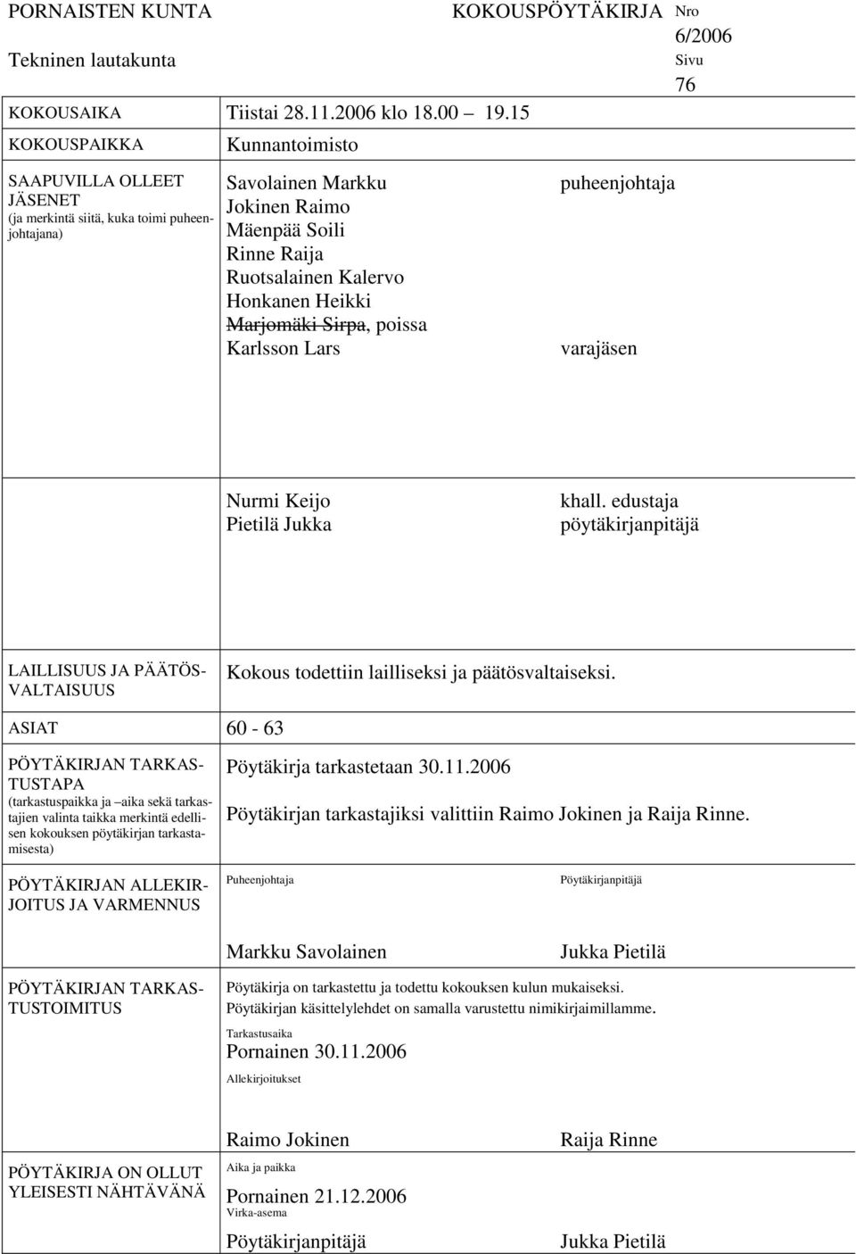 Marjomäki Sirpa, poissa Karlsson Lars KOKOUSPÖYTÄKIRJA Nro 6/2006 puheenjohtaja varajäsen Sivu 76 Nurmi Keijo Pietilä Jukka khall.