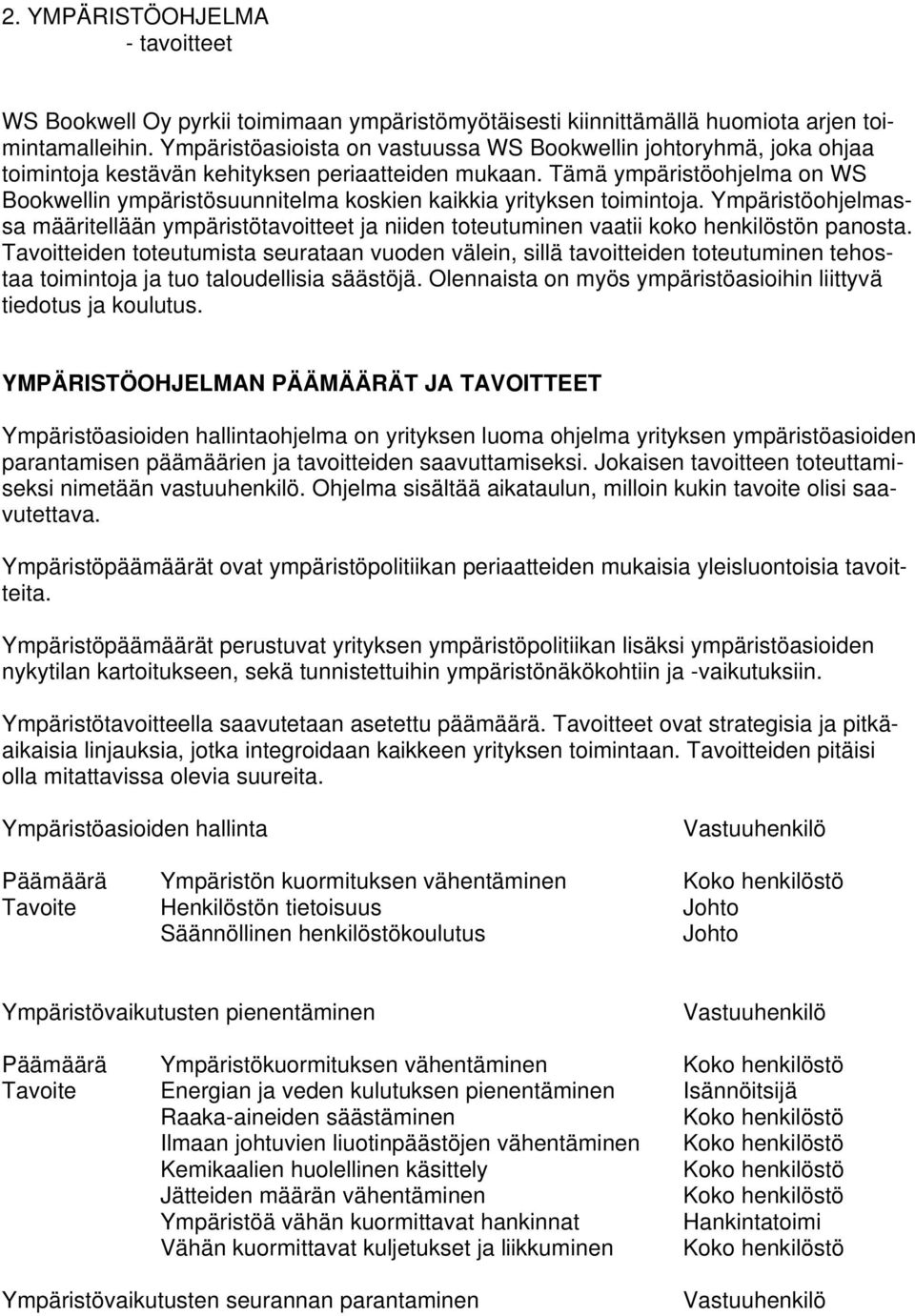 Tämä ympäristöohjelma on WS Bookwellin ympäristösuunnitelma koskien kaikkia yrityksen toimintoja.