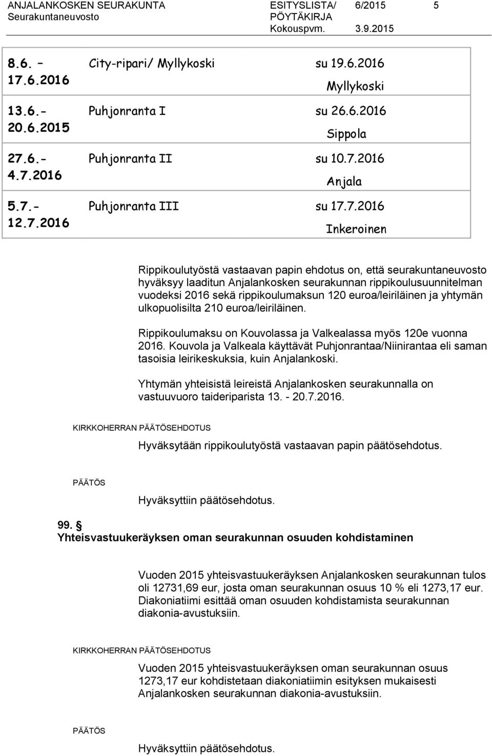 2016 sekä rippikoulumaksun 120 euroa/leiriläinen ja yhtymän ulkopuolisilta 210 euroa/leiriläinen. Rippikoulumaksu on Kouvolassa ja Valkealassa myös 120e vuonna 2016.