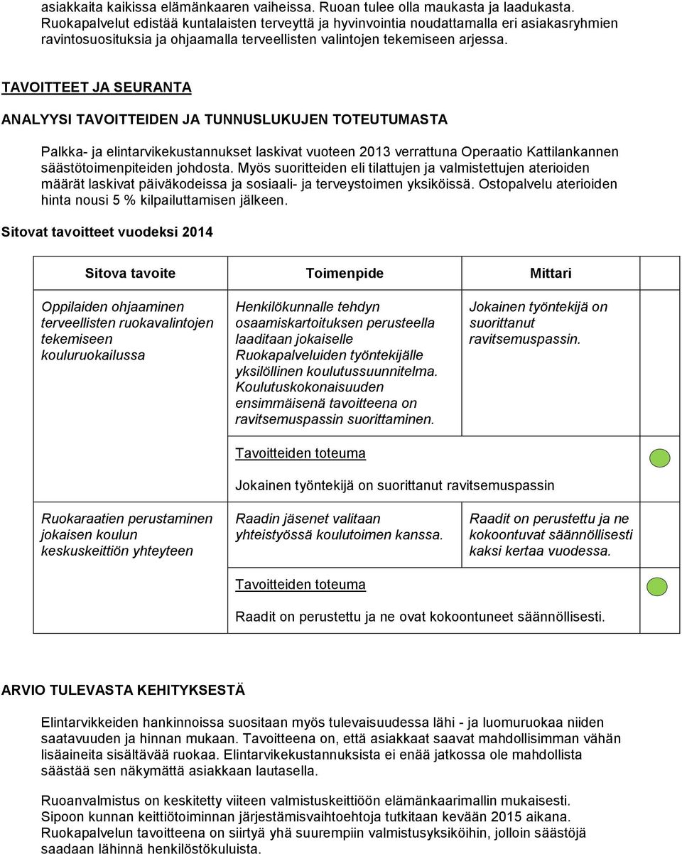 TAVOITTEET JA SEURANTA ANALYYSI TAVOITTEIDEN JA TUNNUSLUKUJEN TOTEUTUMASTA Palkka- ja elintarvikekustannukset laskivat vuoteen 2013 verrattuna Operaatio Kattilankannen säästötoimenpiteiden johdosta.