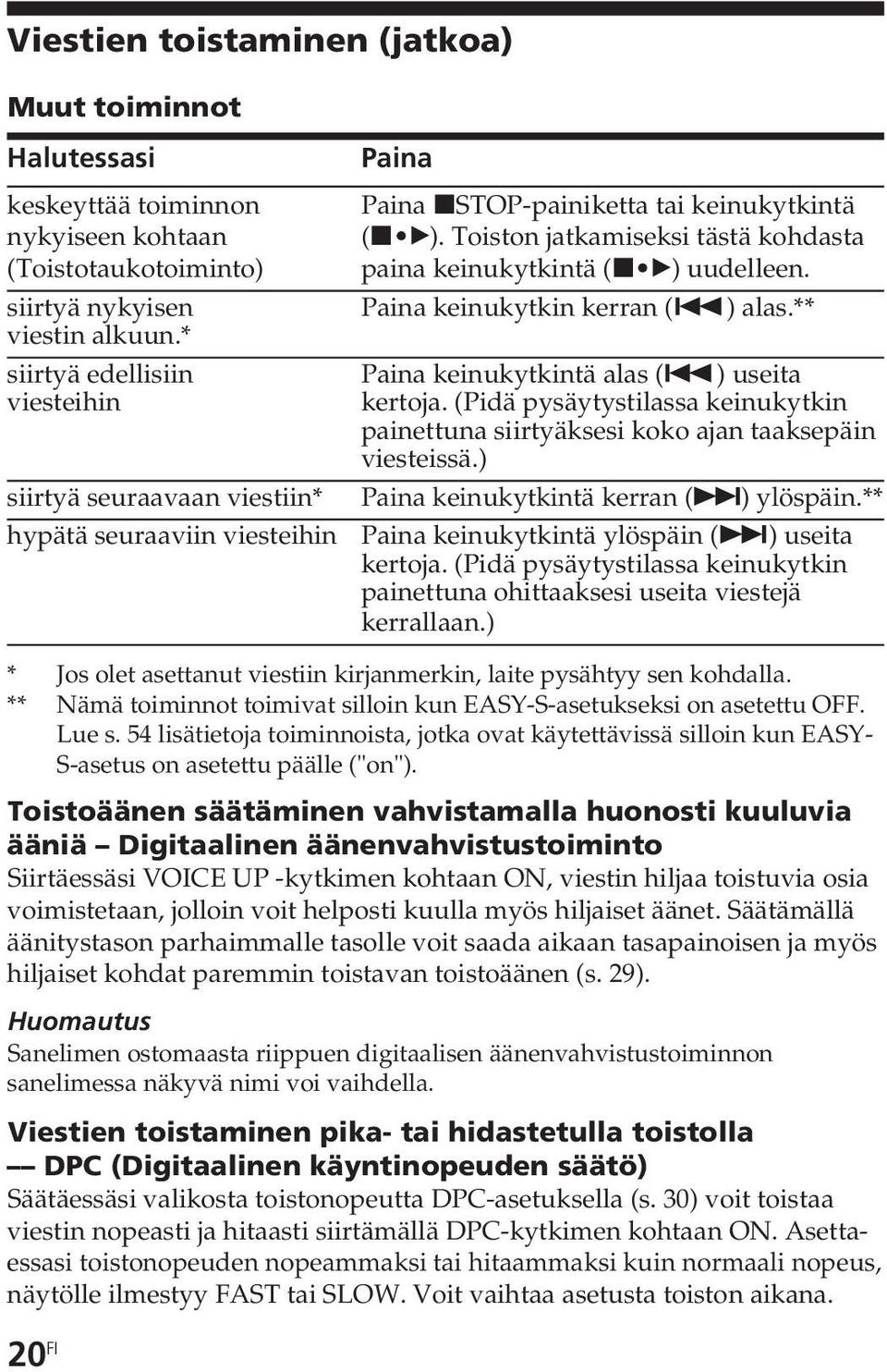 Toiston jatkamiseksi tästä kohdasta paina keinukytkintä (x B) uudelleen. Paina keinukytkin kerran (.) alas.** Paina keinukytkintä alas (.) useita kertoja.