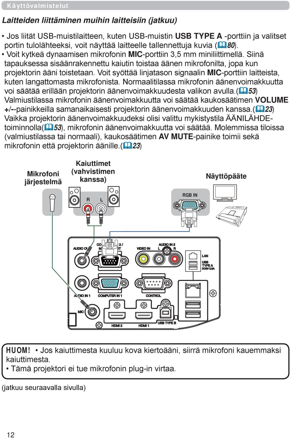 Siinä tapauksessa sisäänrakennettu kaiutin toistaa äänen mikrofonilta, jopa kun projektorin ääni toistetaan.