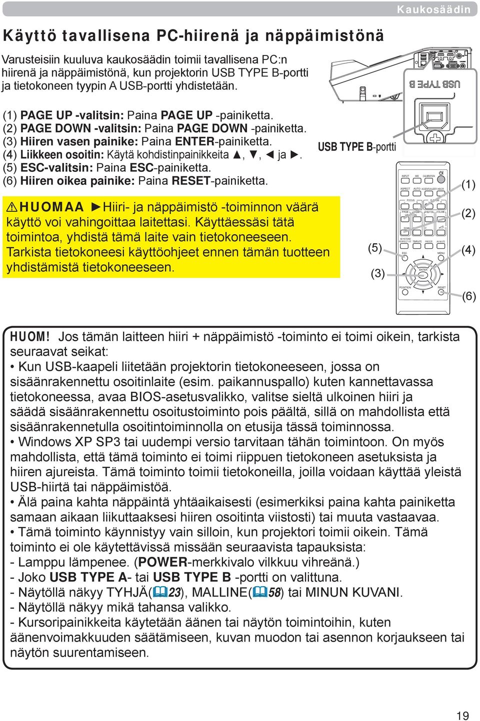 (4) Liikkeen osoitin: Käytä kohdistinpainikkeita,, ja. (5) ESC-valitsin: Paina ESC-painiketta. (6) Hiiren oikea painike: Paina RESET-painiketta.