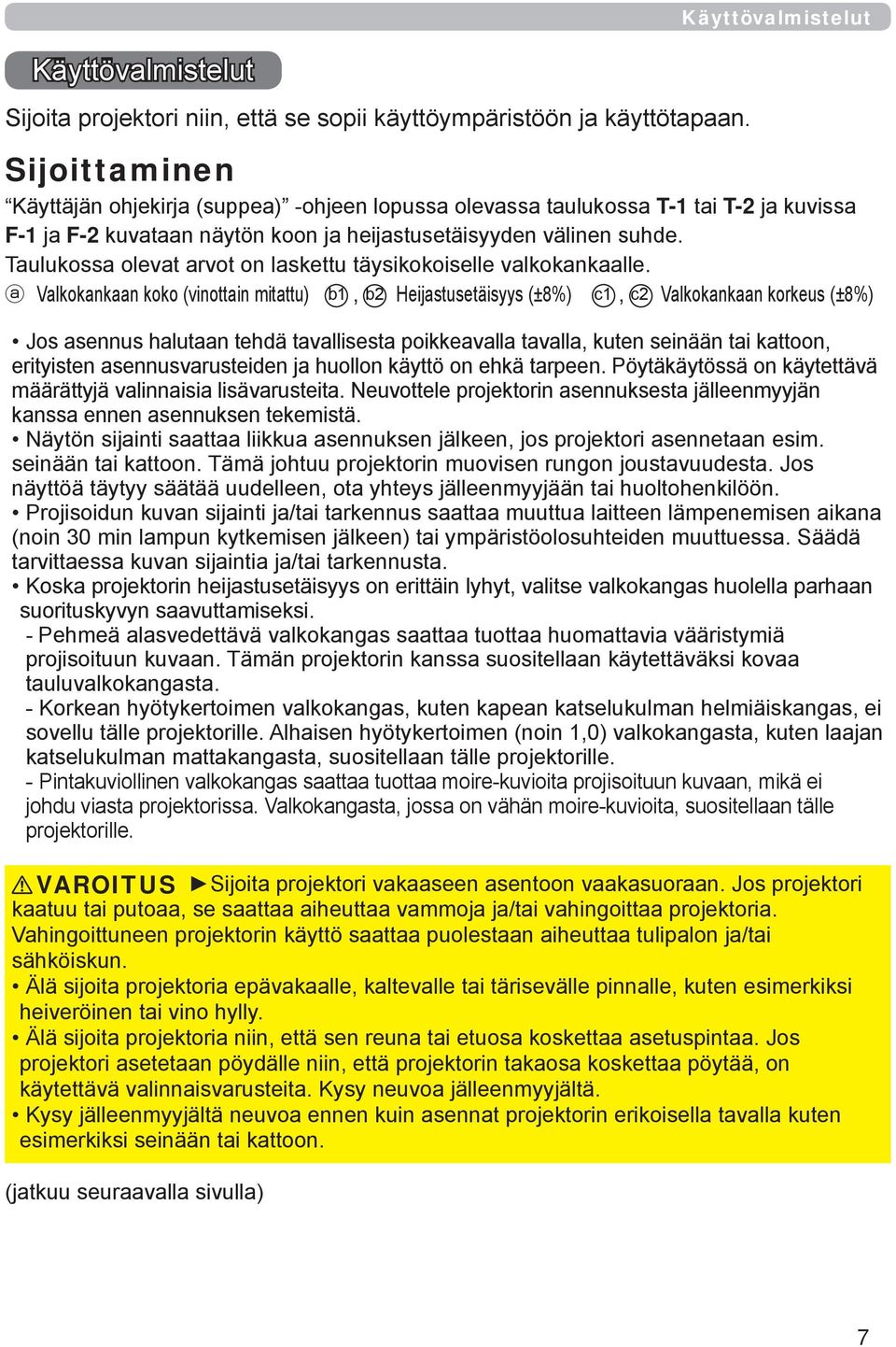 Taulukossa olevat arvot on laskettu täysikokoiselle valkokankaalle.