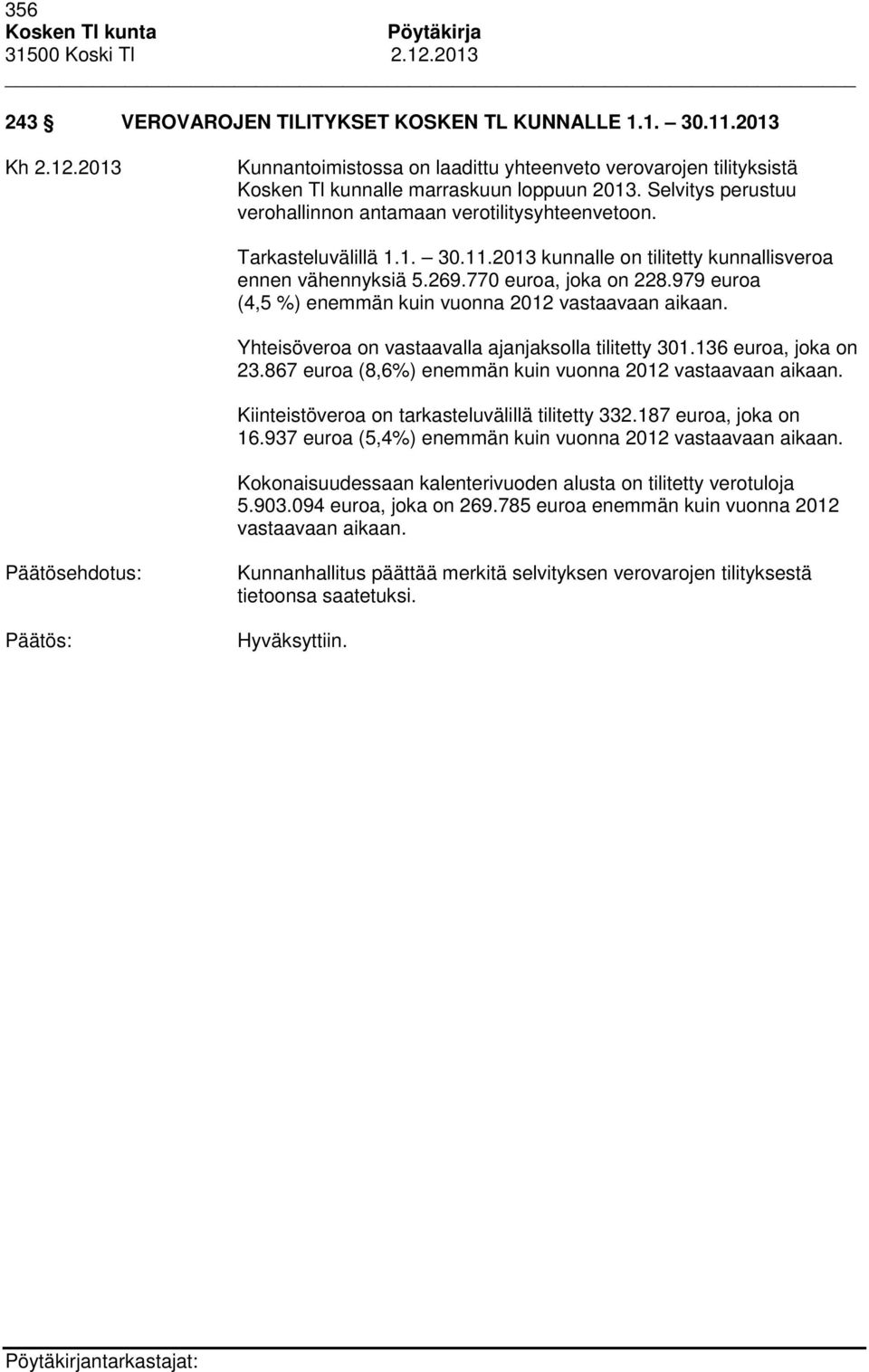 979 euroa (4,5 %) enemmän kuin vuonna 2012 vastaavaan aikaan. Yhteisöveroa on vastaavalla ajanjaksolla tilitetty 301.136 euroa, joka on 23.867 euroa (8,6%) enemmän kuin vuonna 2012 vastaavaan aikaan.