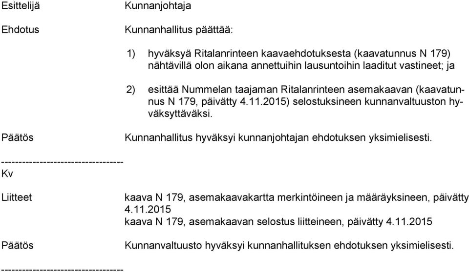 2015) selostuksineen kunnanvaltuuston hyväk syt tä väk si. Kunnanhallitus hyväksyi kunnanjohtajan ehdotuksen yksimielisesti.