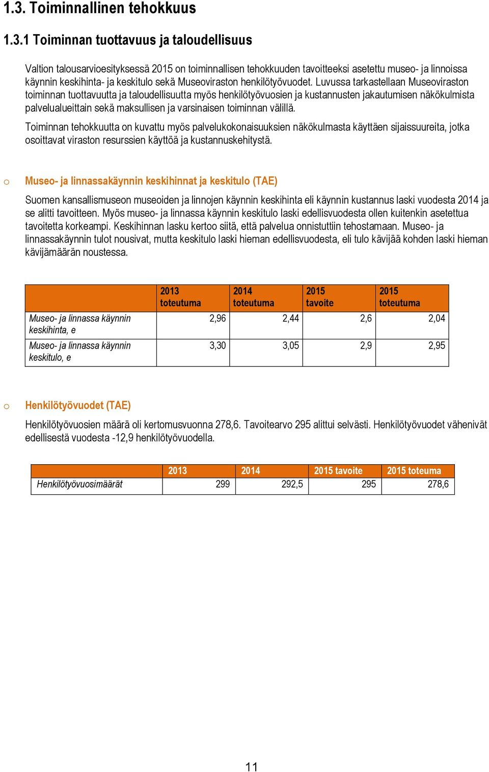 Luvussa tarkastellaan Museoviraston toiminnan tuottavuutta ja taloudellisuutta myös henkilötyövuosien ja kustannusten jakautumisen näkökulmista palvelualueittain sekä maksullisen ja varsinaisen