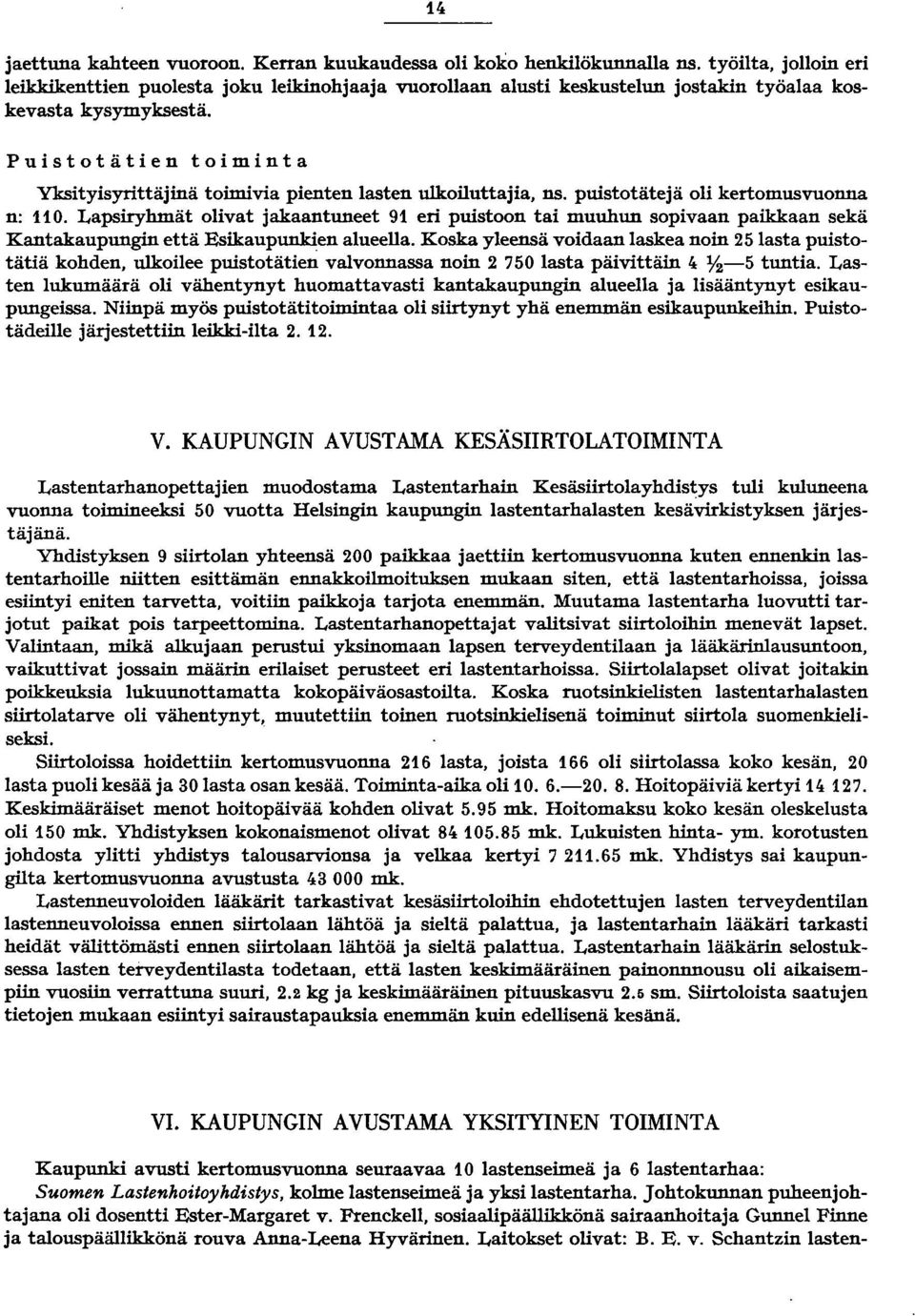 Puistotätien toiminta Yksityisyrittäjinä toimivia pienten lasten ulkoiluttajia, ns. puistotätejä oli kertomusvuonna n: 0.
