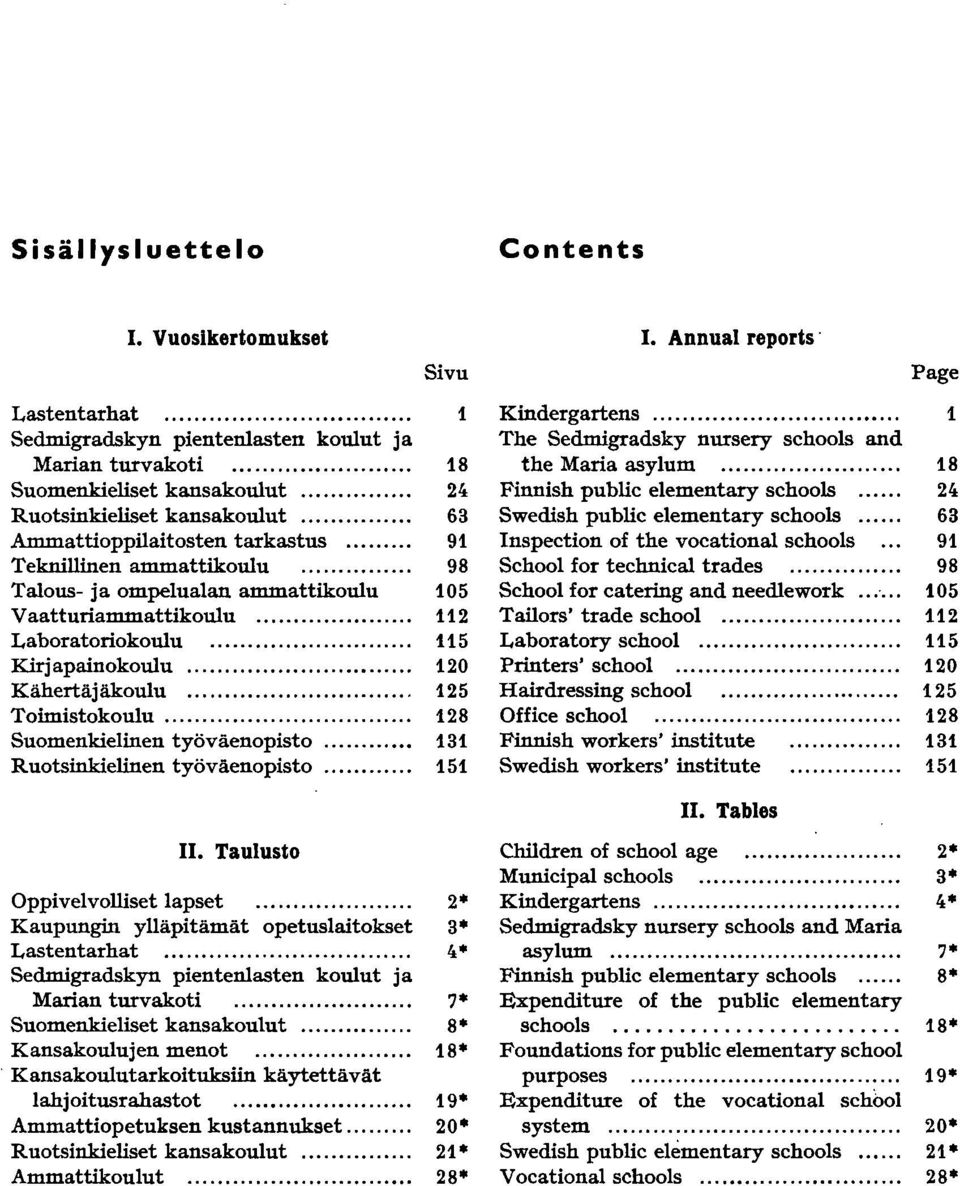 .. 5 Kirjapainokoulu..... 0 Kähertäjäkoulu... 5 Toimistokoulu........................ 8 Suomenkielinen työväenopisto... 3 Ruotsinkielinen työväenopisto... 5 II. Taulusto Oppivelvolliset lapset.