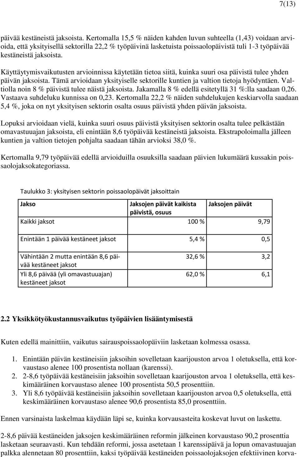 Käyttäytymisvaikutusten arvioinnissa käytetään tietoa siitä, kuinka suuri osa päivistä tulee yhden päivän jaksoista. Tämä arvioidaan yksityiselle sektorille kuntien ja valtion tietoja hyödyntäen.