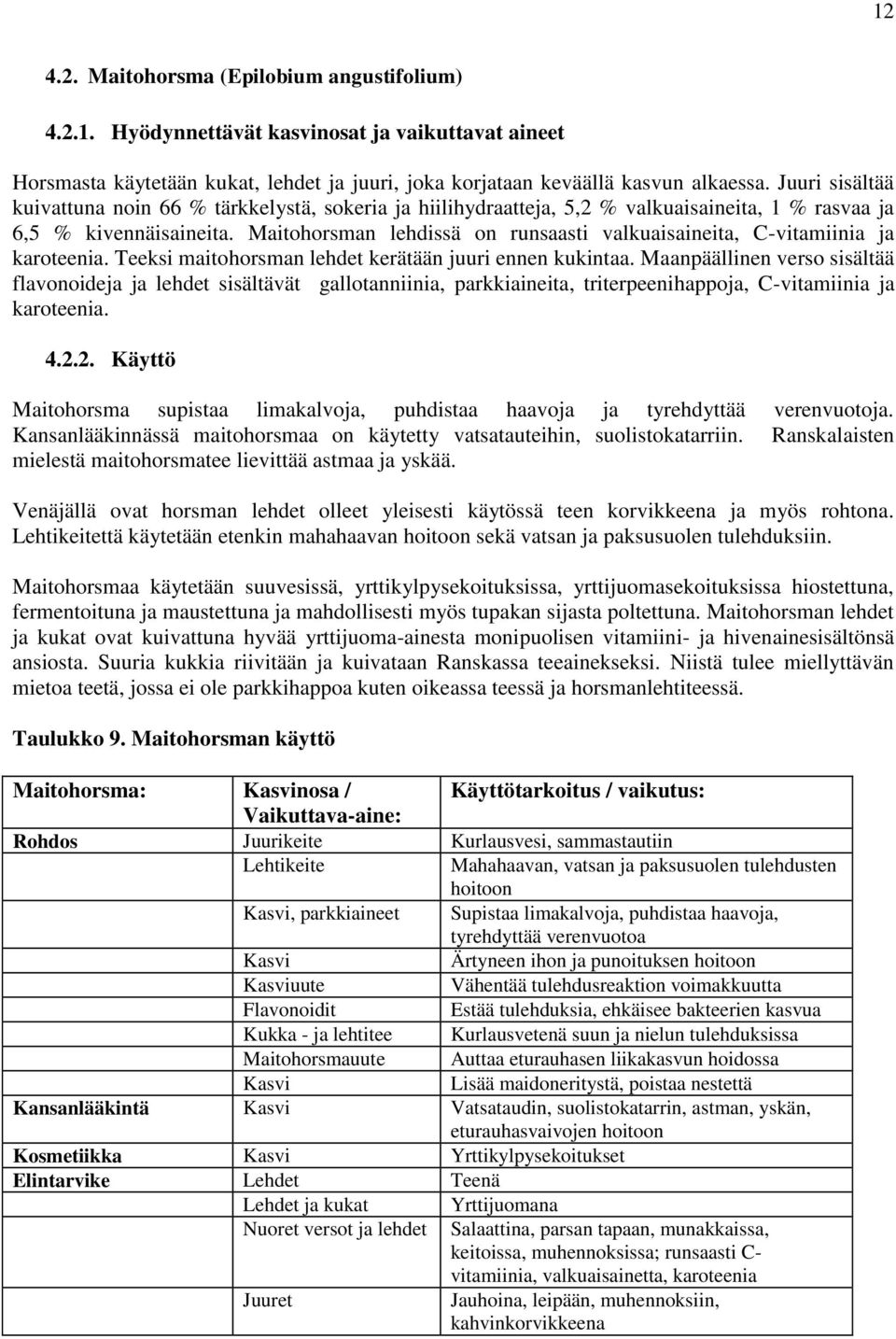 Maitohorsman lehdissä on runsaasti valkuaisaineita, C-vitamiinia ja karoteenia. Teeksi maitohorsman lehdet kerätään juuri ennen kukintaa.