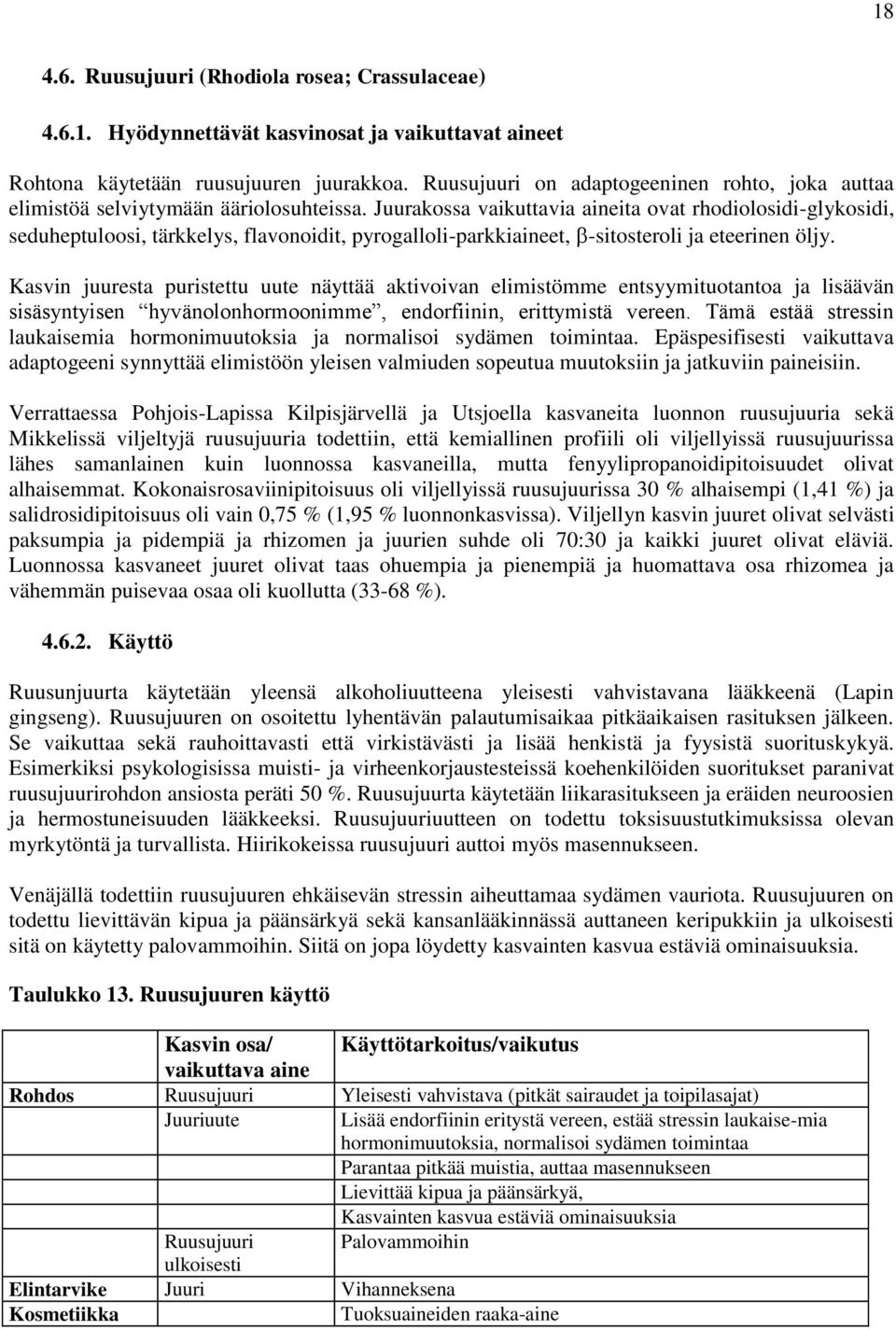 Juurakossa vaikuttavia aineita ovat rhodiolosidi-glykosidi, seduheptuloosi, tärkkelys, flavonoidit, pyrogalloli-parkkiaineet, -sitosteroli ja eteerinen öljy.