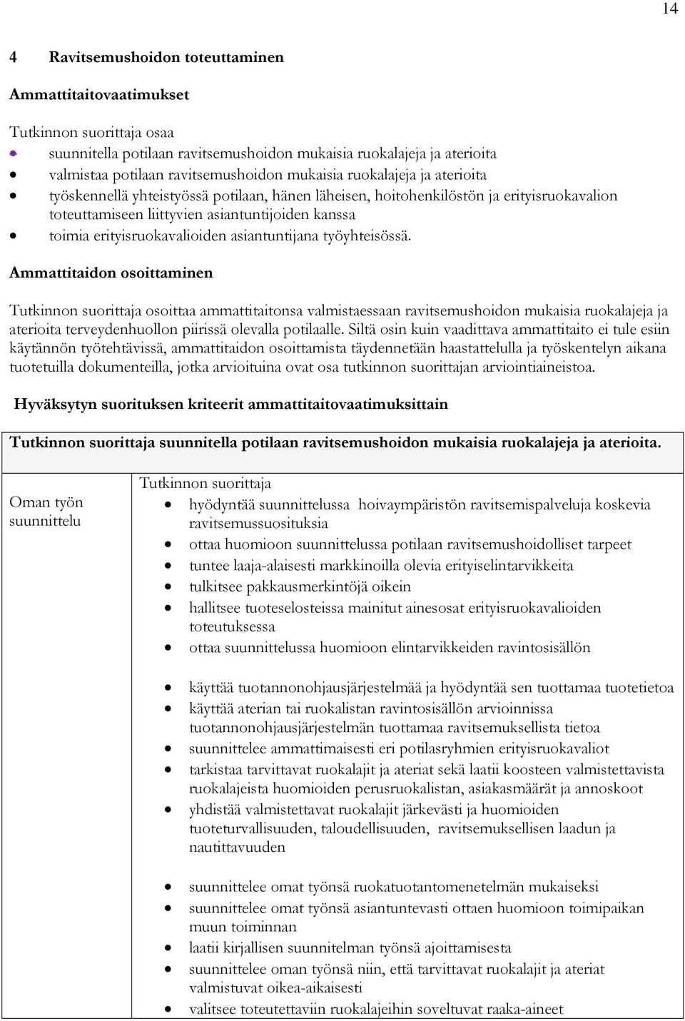 työyhteisössä. Ammattitaidon osoittaminen osoittaa ammattitaitonsa valmistaessaan ravitsemushoidon mukaisia ruokalajeja ja aterioita terveydenhuollon piirissä olevalla potilaalle.