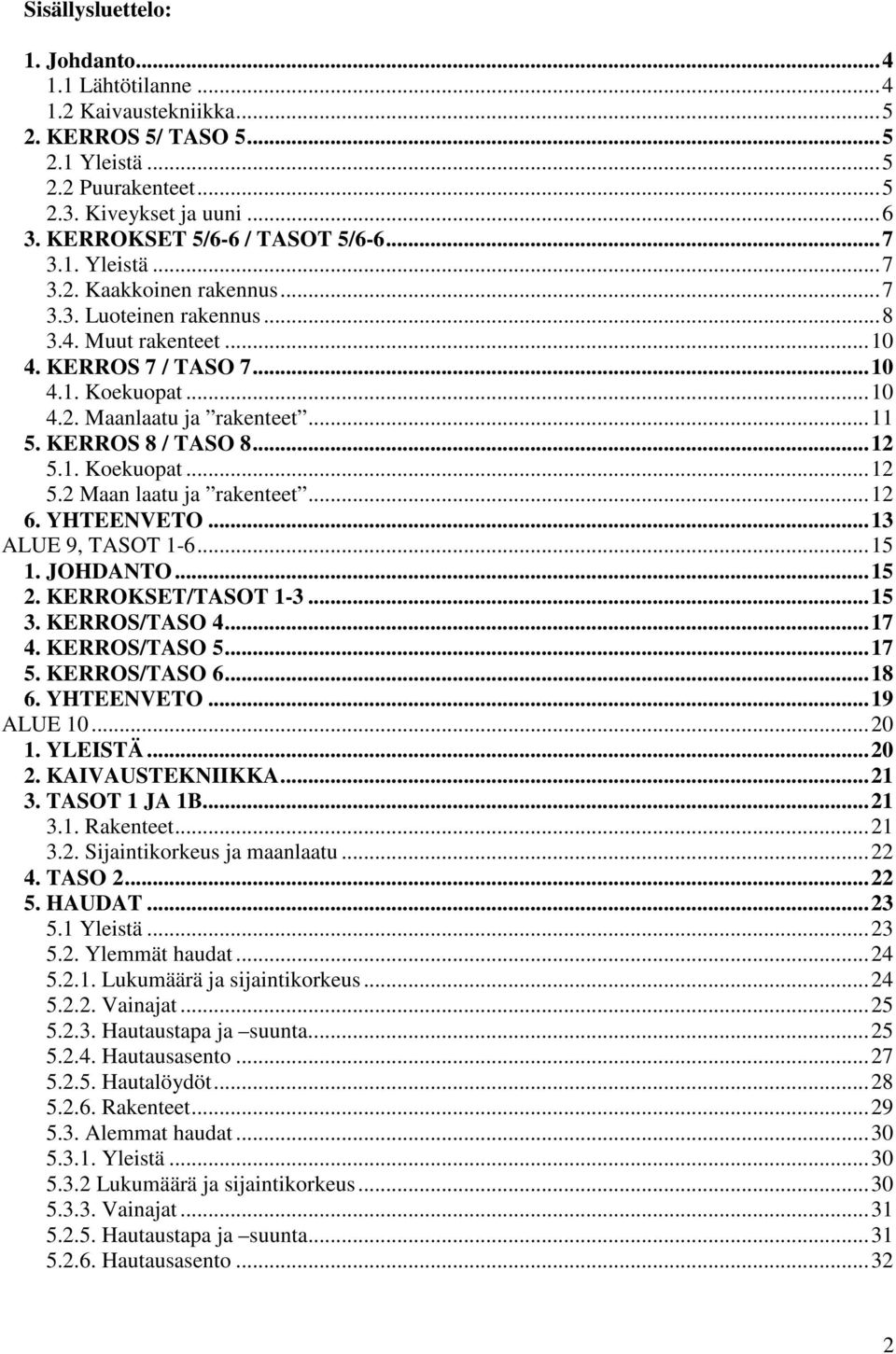 .. 11 5. KERROS 8 / TASO 8... 12 5.1. Koekuopat... 12 5.2 Maan laatu ja rakenteet... 12 6. YHTEENVETO... 13 ALUE 9, TASOT 1-6... 15 1. JOHDANTO... 15 2. KERROKSET/TASOT 1-3... 15 3. KERROS/TASO 4.