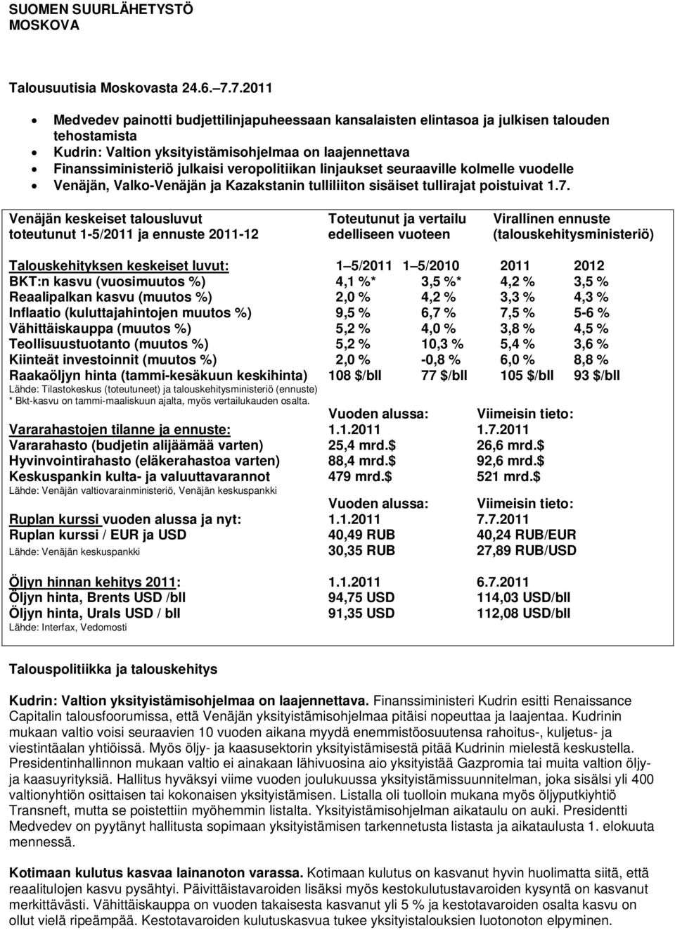 veropolitiikan linjaukset seuraaville kolmelle vuodelle Venäjän, Valko-Venäjän ja Kazakstanin tulliliiton sisäiset tullirajat poistuivat 1.7.