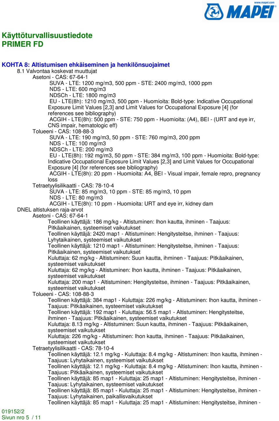 Huomioita: Bold-type: Indicative Occupational Exposure Limit Values [2,3] and Limit Values for Occupational Exposure [4] (for references see bibliography) ACGIH - LTE(8h): 500 ppm - STE: 750 ppm -