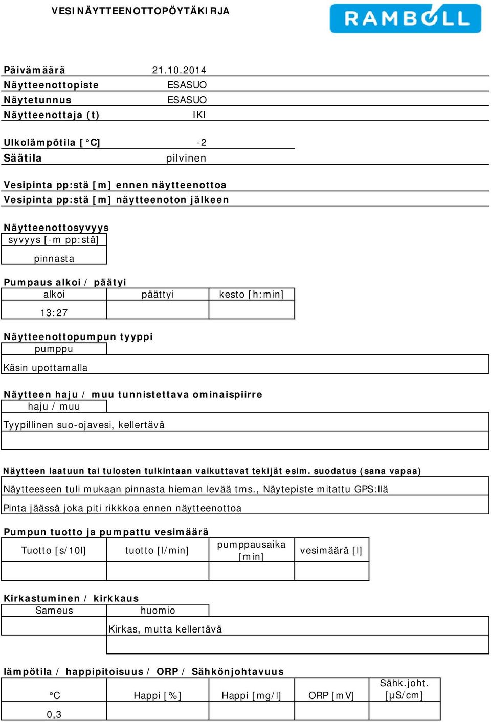 Näytteenottosyvyys syvyys [-m pp:stä] pinnasta Pumpaus alkoi / päätyi alkoi päättyi kesto [h:min] 13:27 Näytteenottopumpun tyyppi pumppu Käsin upottamalla Näytteen haju / muu tunnistettava