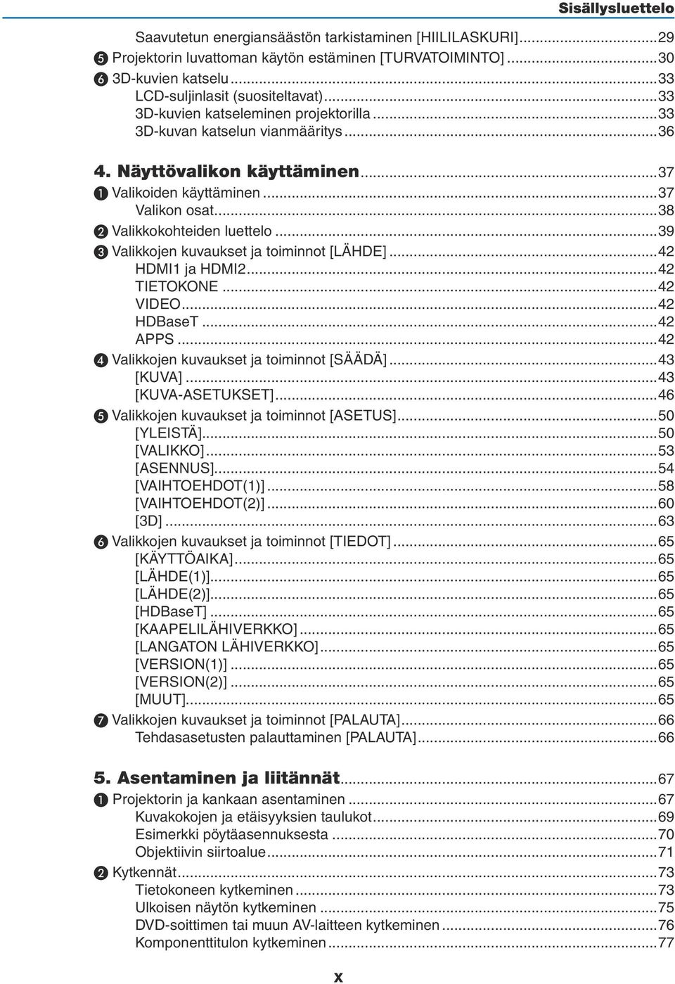 ..39 ❸ Valikkojen kuvaukset ja toiminnot [LÄHDE]...42 HDMI1 ja HDMI2...42 TIETOKONE...42 VIDEO...42 HDBaseT...42 APPS...42 ❹ Valikkojen kuvaukset ja toiminnot [SÄÄDÄ]...43 [KUVA]...43 [KUVA-ASETUKSET].