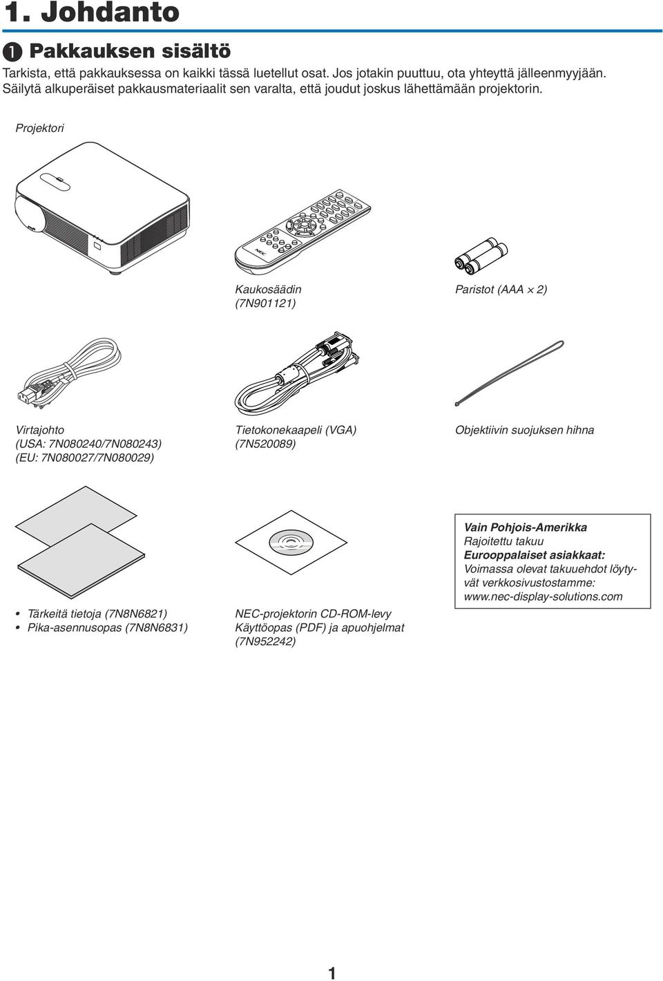 Projektori Kaukosäädin (7N901121) Paristot (AAA 2) Virtajohto (USA: 7N080240/7N080243) (EU: 7N080027/7N080029) Tietokonekaapeli (VGA) (7N520089) Objektiivin suojuksen hihna