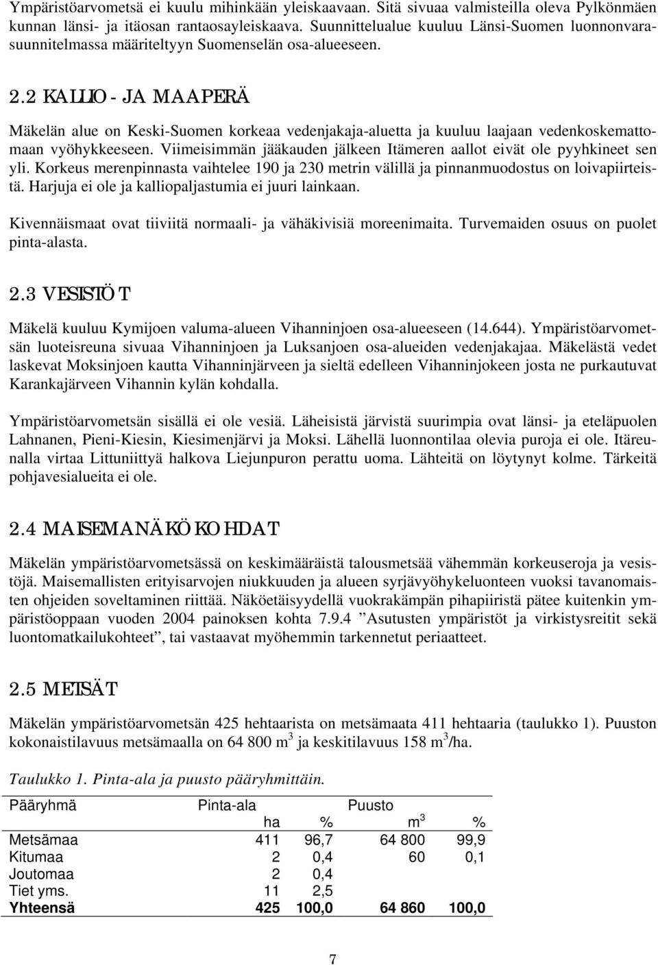 2 KALLIO- JA MAAPERÄ Mäkelän alue on Keski-Suomen korkeaa vedenjakaja-aluetta ja kuuluu laajaan vedenkoskemattomaan vyöhykkeeseen.