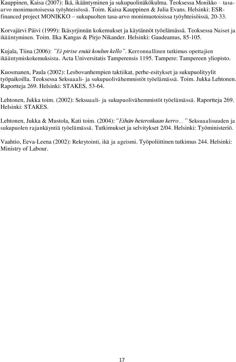 Teoksessa Naiset ja ikääntyminen. Toim. Ilka Kangas & Pirjo Nikander. Helsinki: Gaudeamus, 85-105. Kujala, Tiina (2006): Ei pirise enää koulun kello.