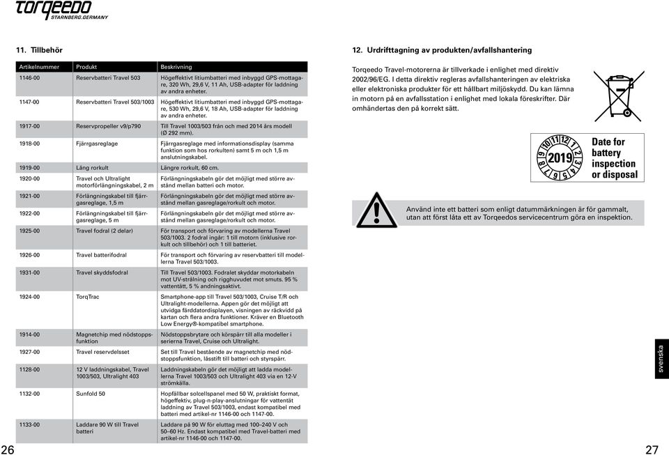 1147-00 Reservbatteri Travel 503/1003 Högeffektivt litiumbatteri med inbyggd GPS-mottagare, 530 Wh, 29,6 V, 18  1917-00 Reservpropeller v9/p790 Till Travel 1003/503 från och med 2014 års modell (Ø