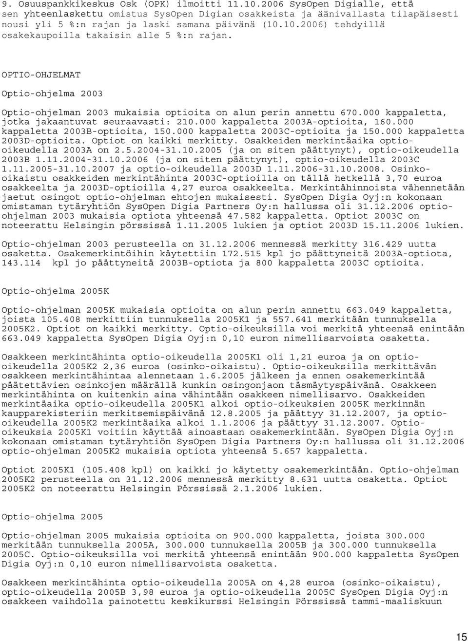 10.2006) tehdyillä osakekaupoilla takaisin alle 5 %:n rajan. OPTIO-OHJELMAT Optio-ohjelma 2003 Optio-ohjelman 2003 mukaisia optioita on alun perin annettu 670.