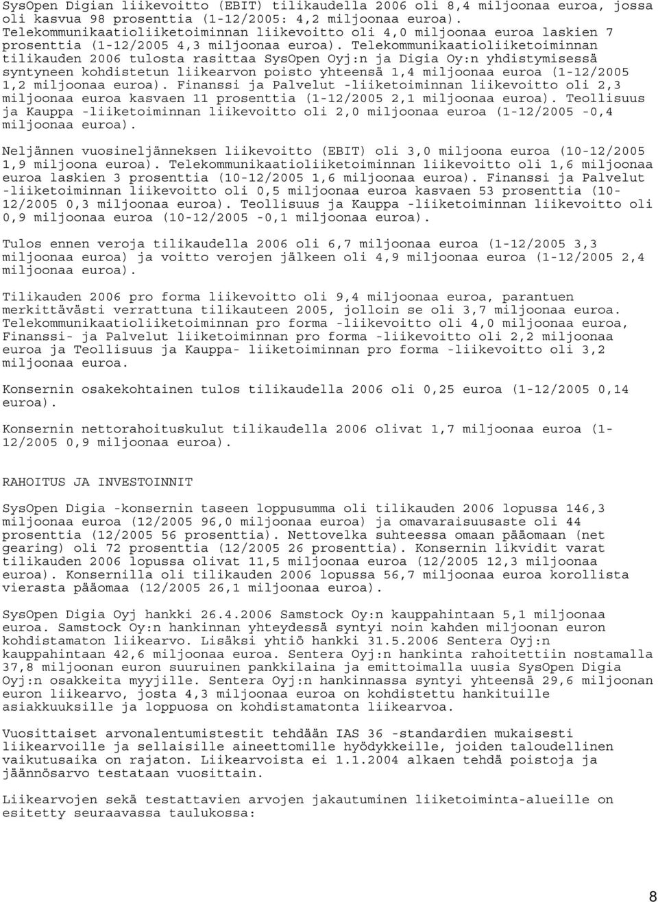 Telekommunikaatioliiketoiminnan tilikauden 2006 tulosta rasittaa SysOpen Oyj:n ja Digia Oy:n yhdistymisessä syntyneen kohdistetun liikearvon poisto yhteensä 1,4 miljoonaa euroa (1-12/2005 1,2