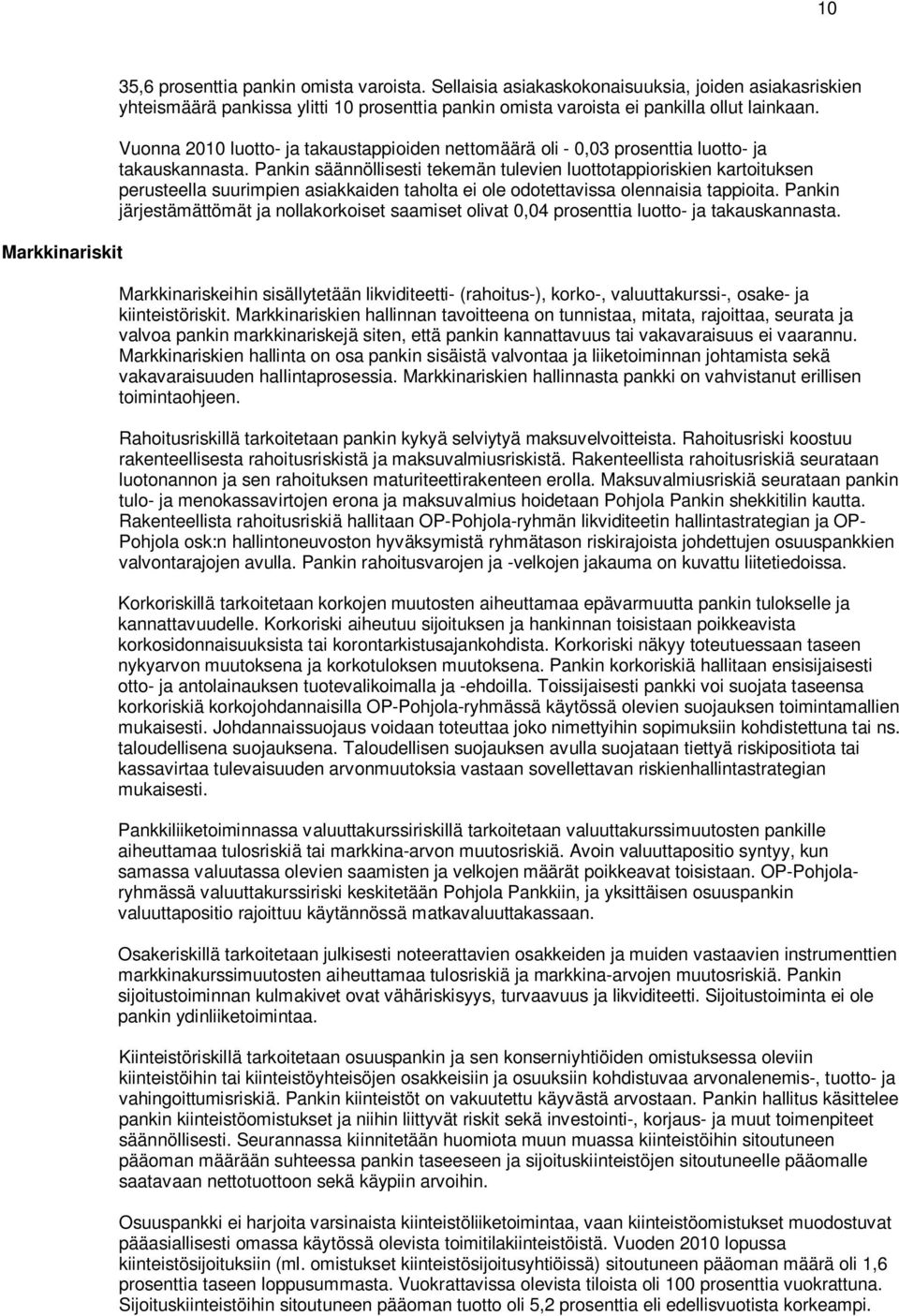 Vuonna 2010 luotto- ja takaustappioiden nettomäärä oli - 0,03 prosenttia luotto- ja takauskannasta.