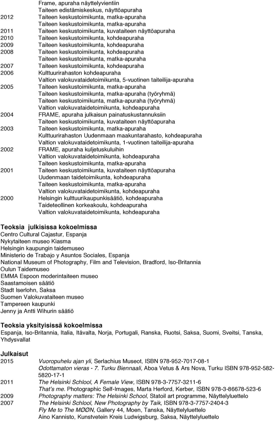 taiteilija-apuraha 2005 (työryhmä) (työryhmä) 2004 FRAME, apuraha julkaisun painatuskustannuksiin Taiteen keskustoimikunta, kuvataiteen näyttöapuraha 2003 Kulttuurirahaston Uudenmaan maakuntarahasto,