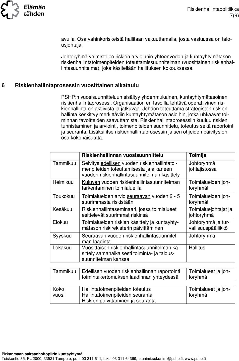 kokouksessa. 6 Riskienhallintaprosessin vuosittainen aikataulu PSHP:n vuosisuunnitteluun sisältyy yhdenmukainen, kuntayhtymätasoinen riskienhallintaprosessi.