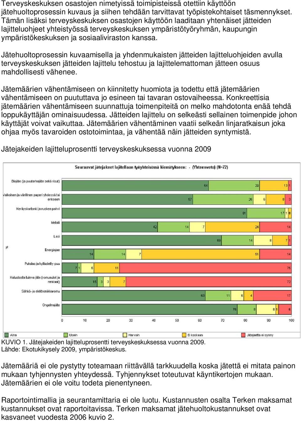 kanssa. Jätehuoltoprosessin kuvaamisella ja yhdenmukaisten jätteiden lajitteluohjeiden avulla terveyskeskuksen jätteiden lajittelu tehostuu ja lajittelemattoman jätteen osuus mahdollisesti vähenee.