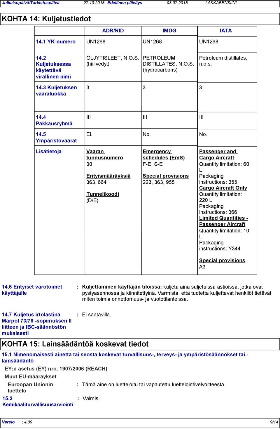 No. Lisätietoja Vaaran tunnusnumero 30 Erityismääräyksiä 363, 664 Tunnelikoodi (D/E) Emergency schedules (EmS) F-E, S-E Special provisions 223, 363, 955 Passenger and Cargo Aircraft Quantity