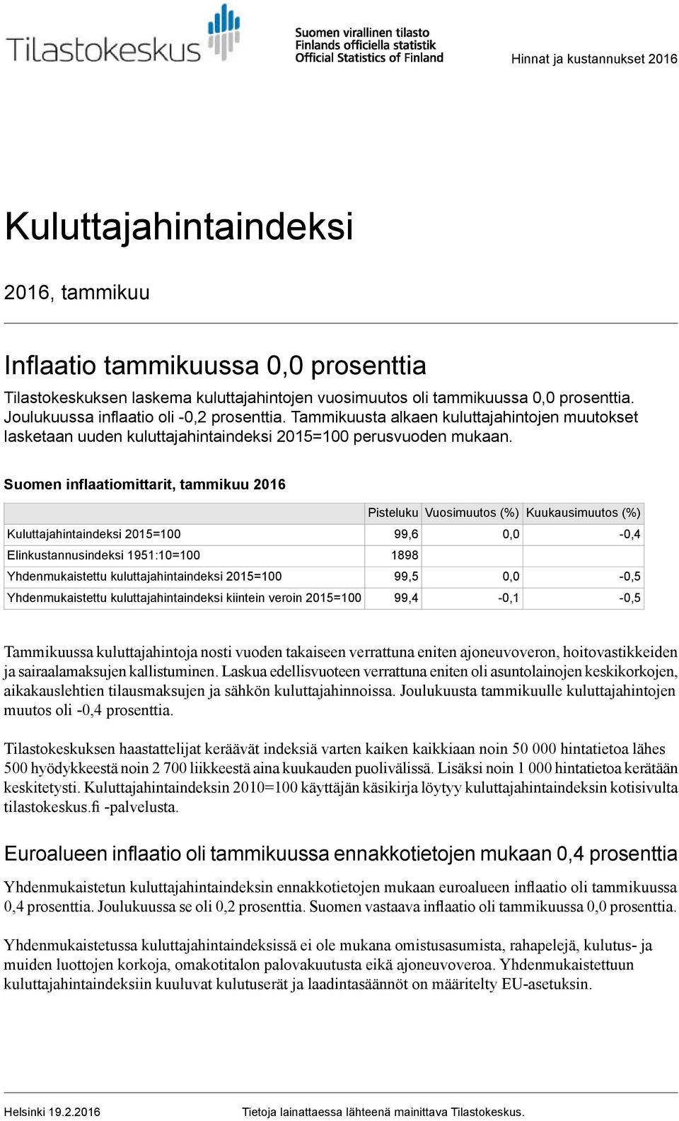 Vuosimuutos (%) Kuukausimuutos (%) Kuluttajahintaindeksi 2015=100 99,6 0,0-0,4 Elinkustannusindeksi 1951:10=100 1898 Yhdenmukaistettu kuluttajahintaindeksi 2015=100 0,0 - Yhdenmukaistettu