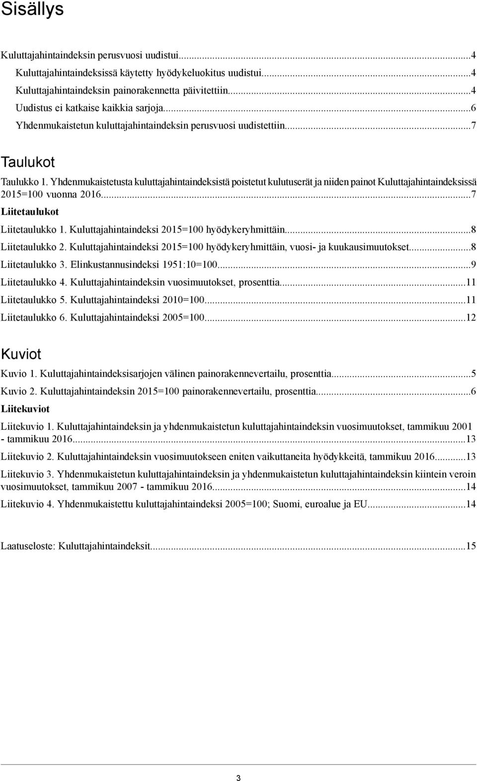 Kuluttajahintaindeksissä 2015=100 vuonna 20167 Liitetaulukot Liitetaulukko 1 Kuluttajahintaindeksi 2015=100 hyödykeryhmittäin8 Liitetaulukko 2 Kuluttajahintaindeksi 2015=100 hyödykeryhmittäin, vuosi-