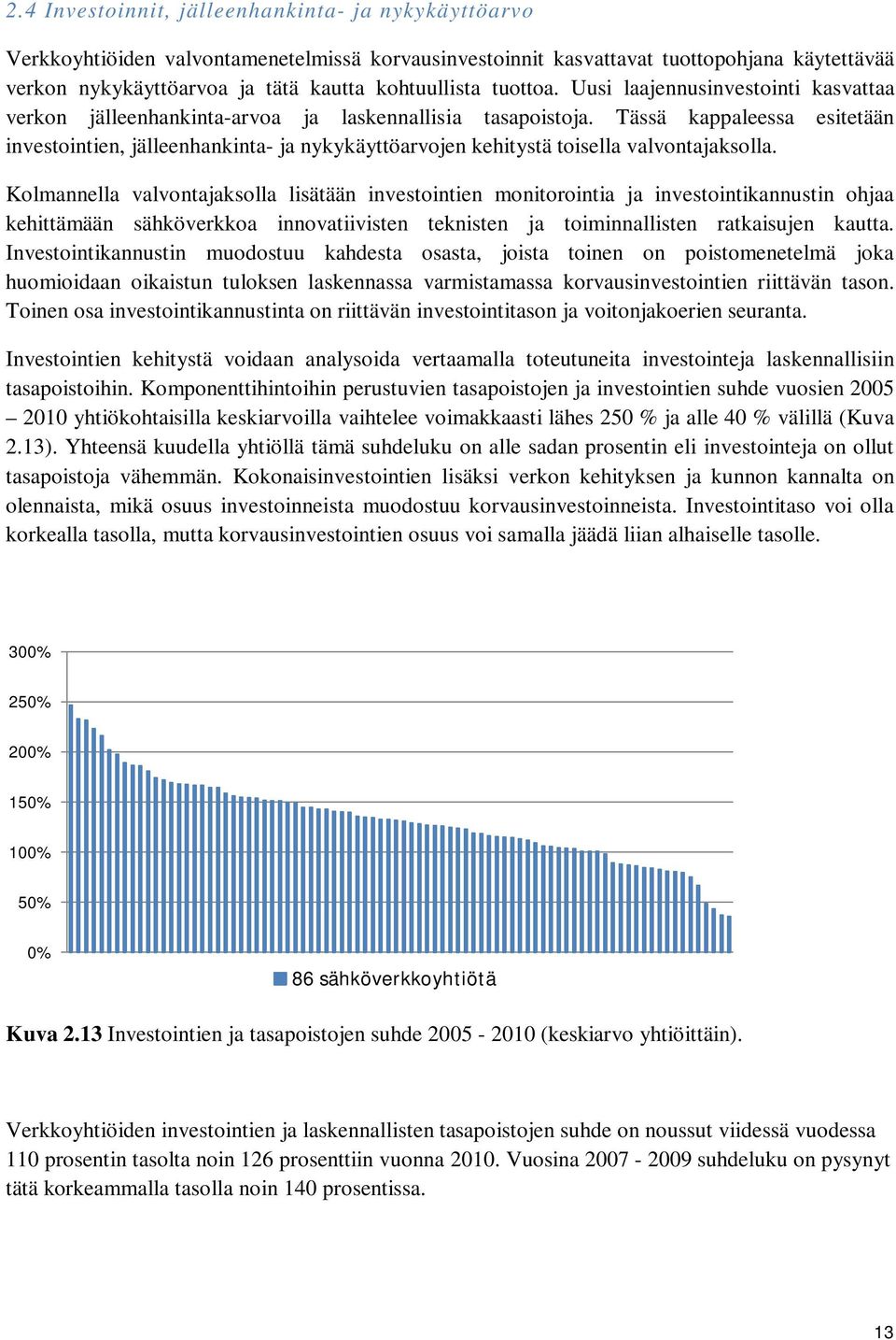 Tässä kappaleessa esitetään investointien, jälleenhankinta- ja nykykäyttöarvojen kehitystä toisella valvontajaksolla.